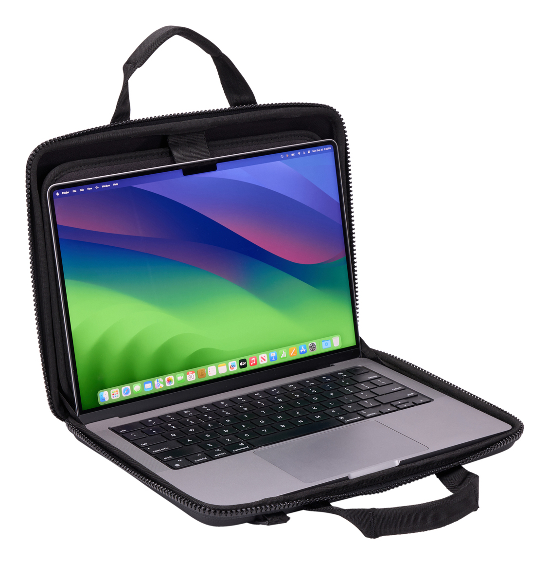Laptop aperto all'interno di una custodia nera. Lo schermo verde mostra uno sfondo colorato. Sfondo bianco.