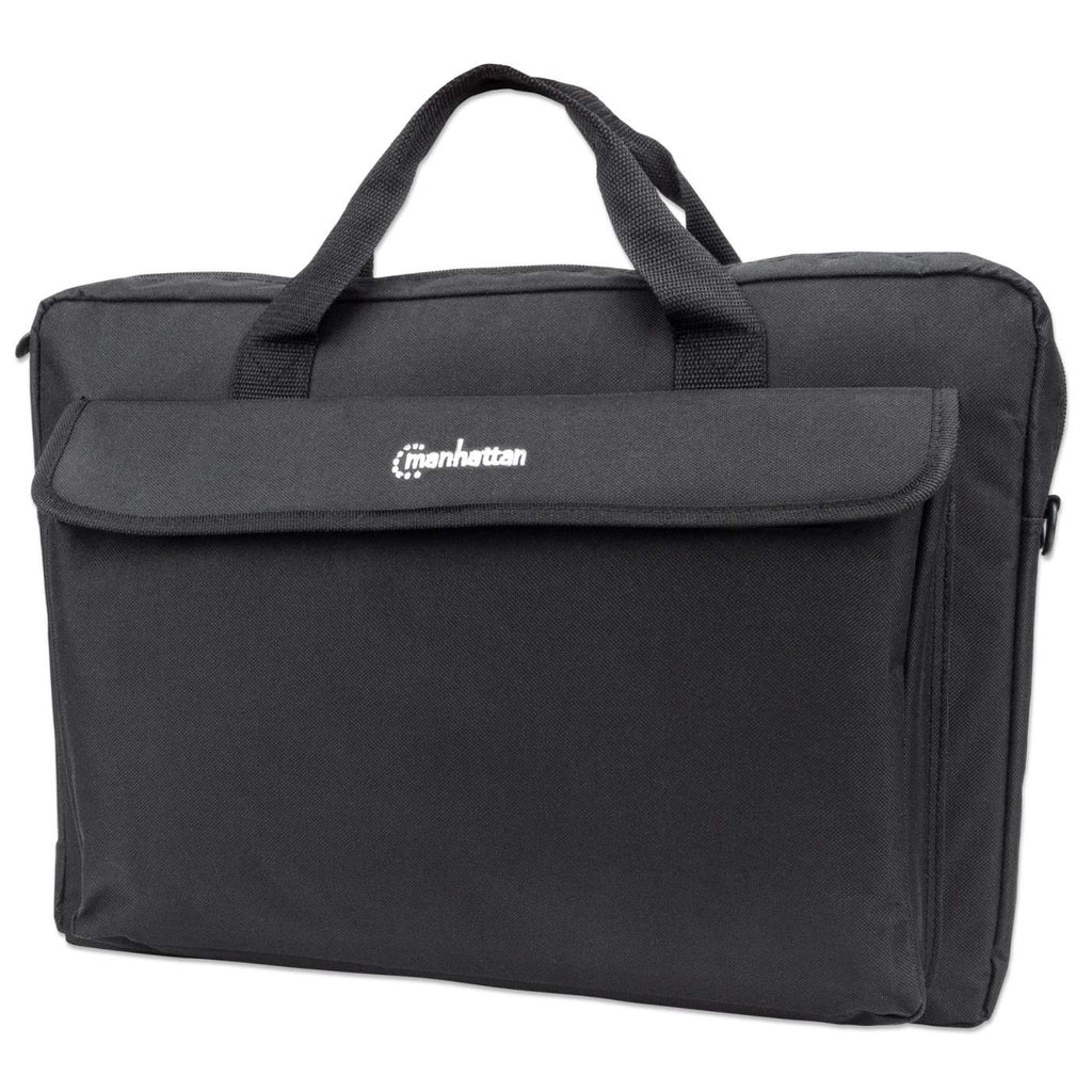 Borsa nera per laptop con patta e logo 'manhattan'.
