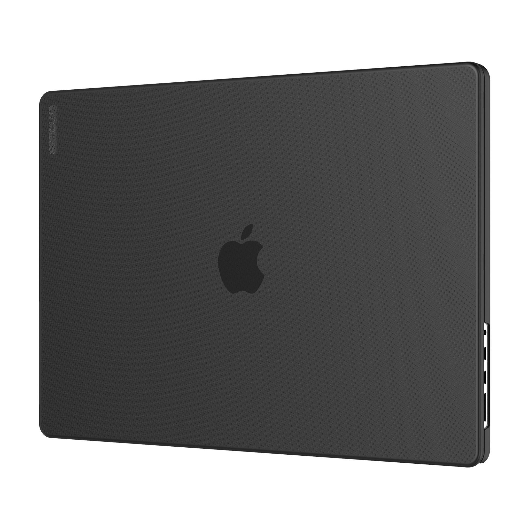 Custodia nera per laptop, con logo Apple sul retro.