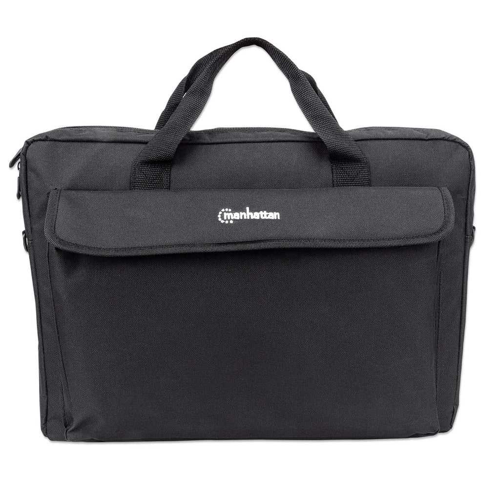 Borsa nera per laptop con tasca frontale e manici. La borsa ha un logo 'manhattan'. Sfondo bianco.