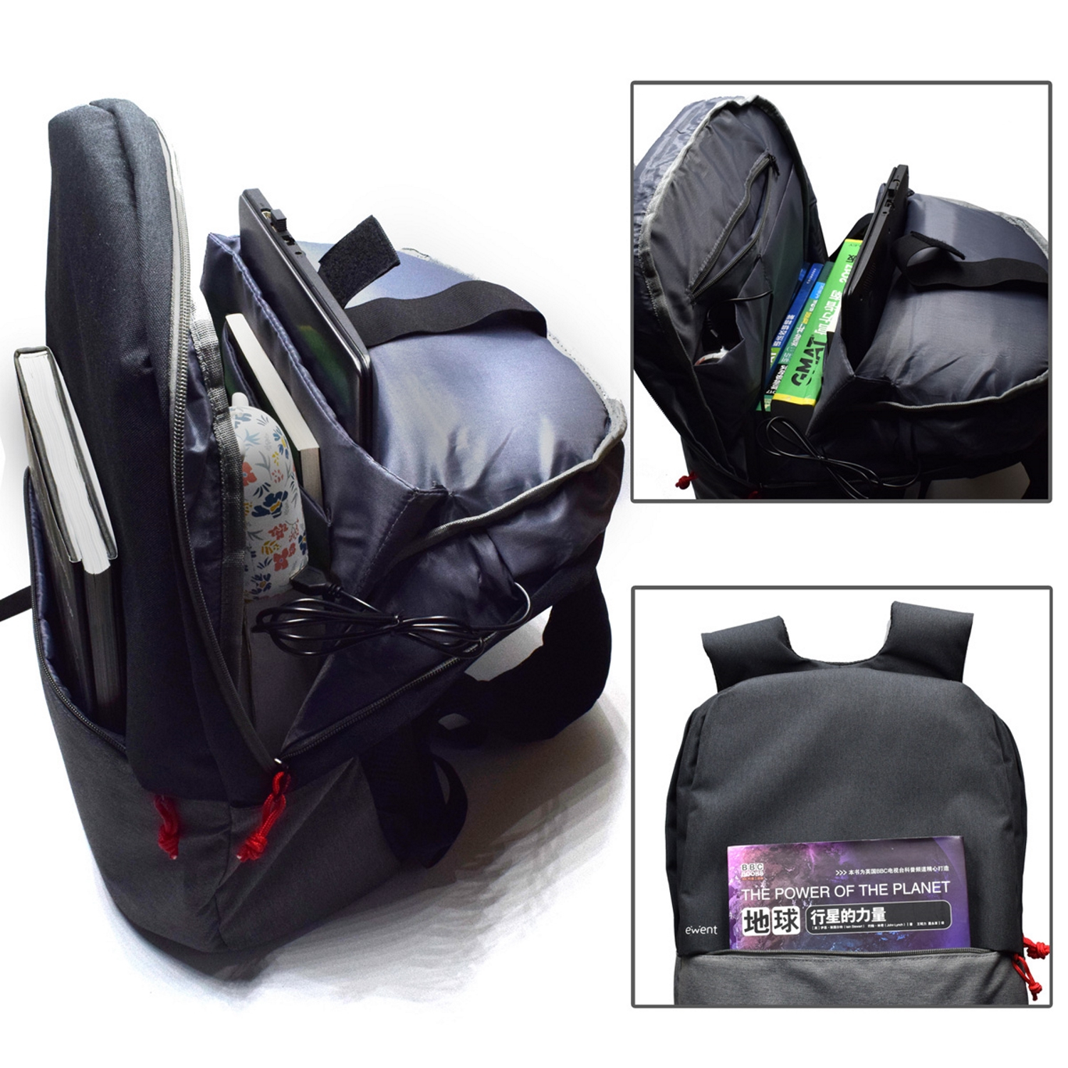 Zaino con più tasche e oggetti all'interno. Include libri, tablet e accessori. Isolato su bianco.