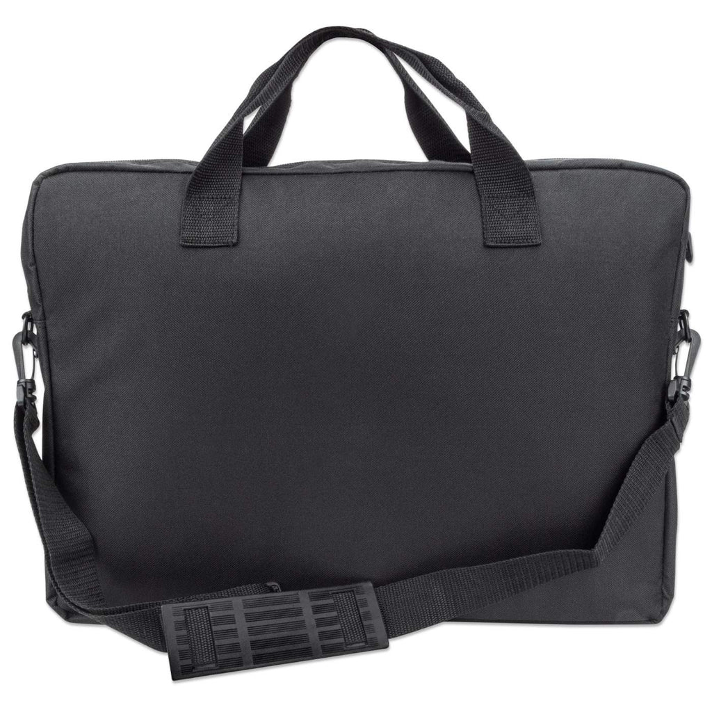 Borsa per laptop nera con manico, tracolla e cerniera. Isolato su sfondo bianco.