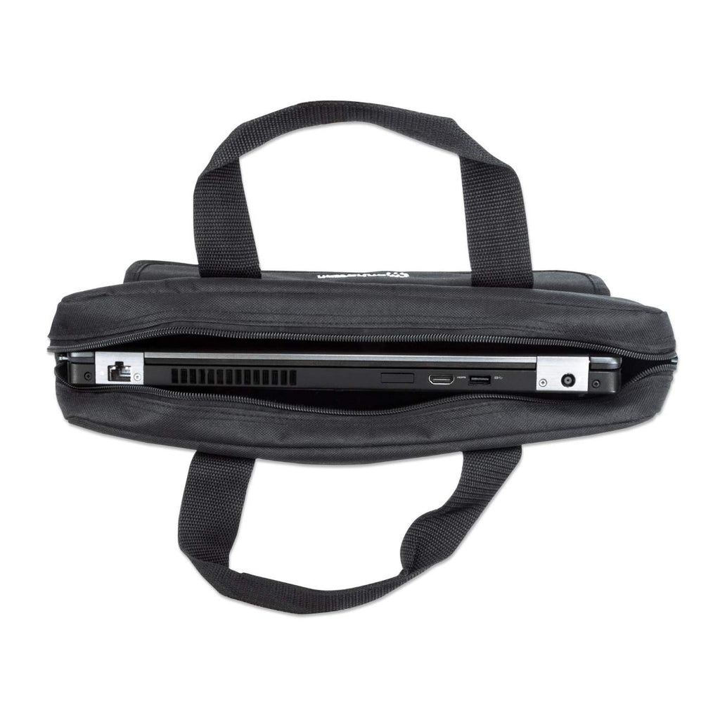 Borsa per laptop nera, aperta, che mostra laptop, porte e manico.