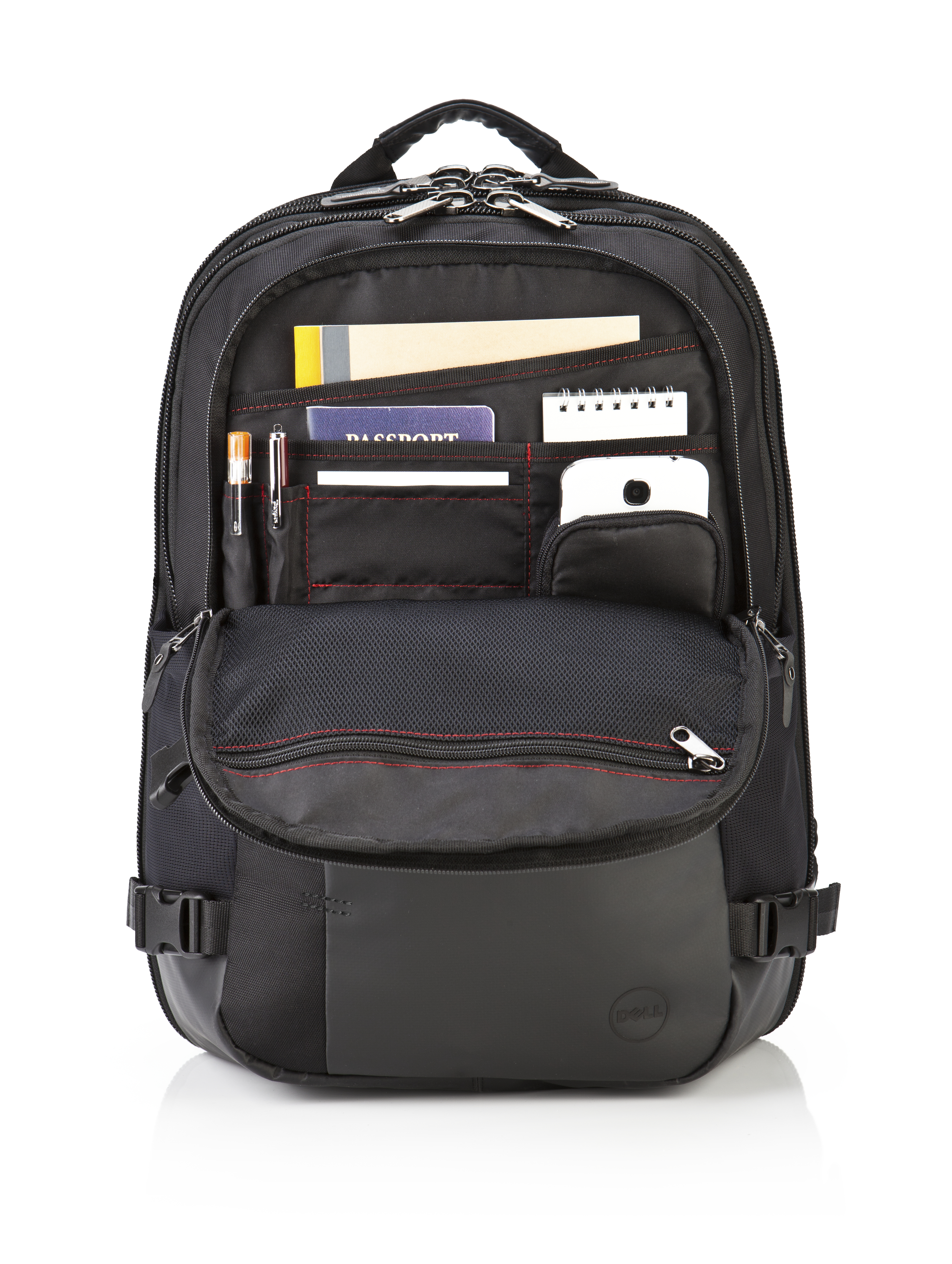 Zaino nero aperto con più scomparti, tra cui una custodia per laptop. Sfondo bianco.