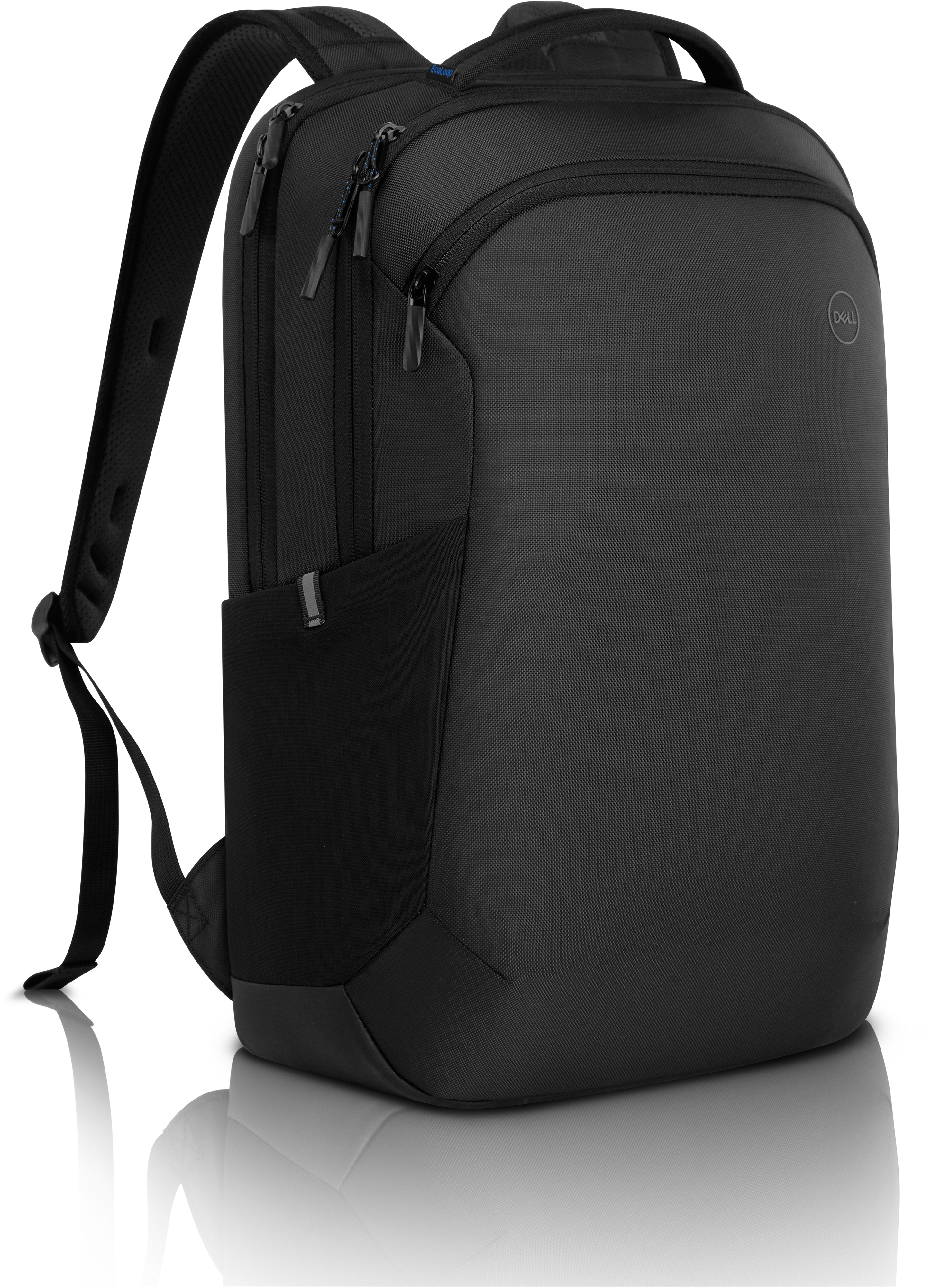 Schwarzer Rucksack mit mehreren Taschen und einem Dell-Logo auf weißem Hintergrund.