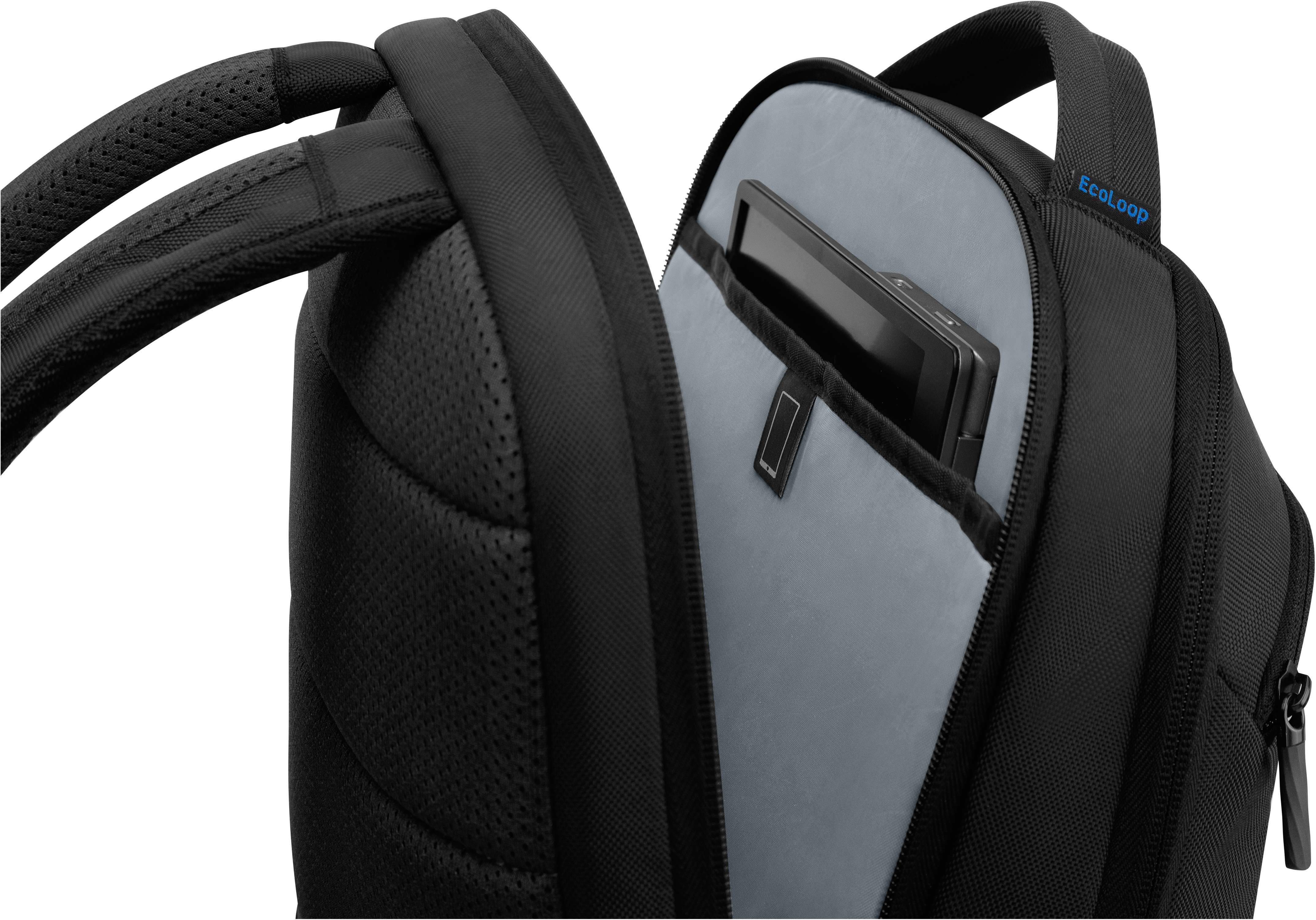 Ein Rucksack mit einem Tablet in einer Tasche.