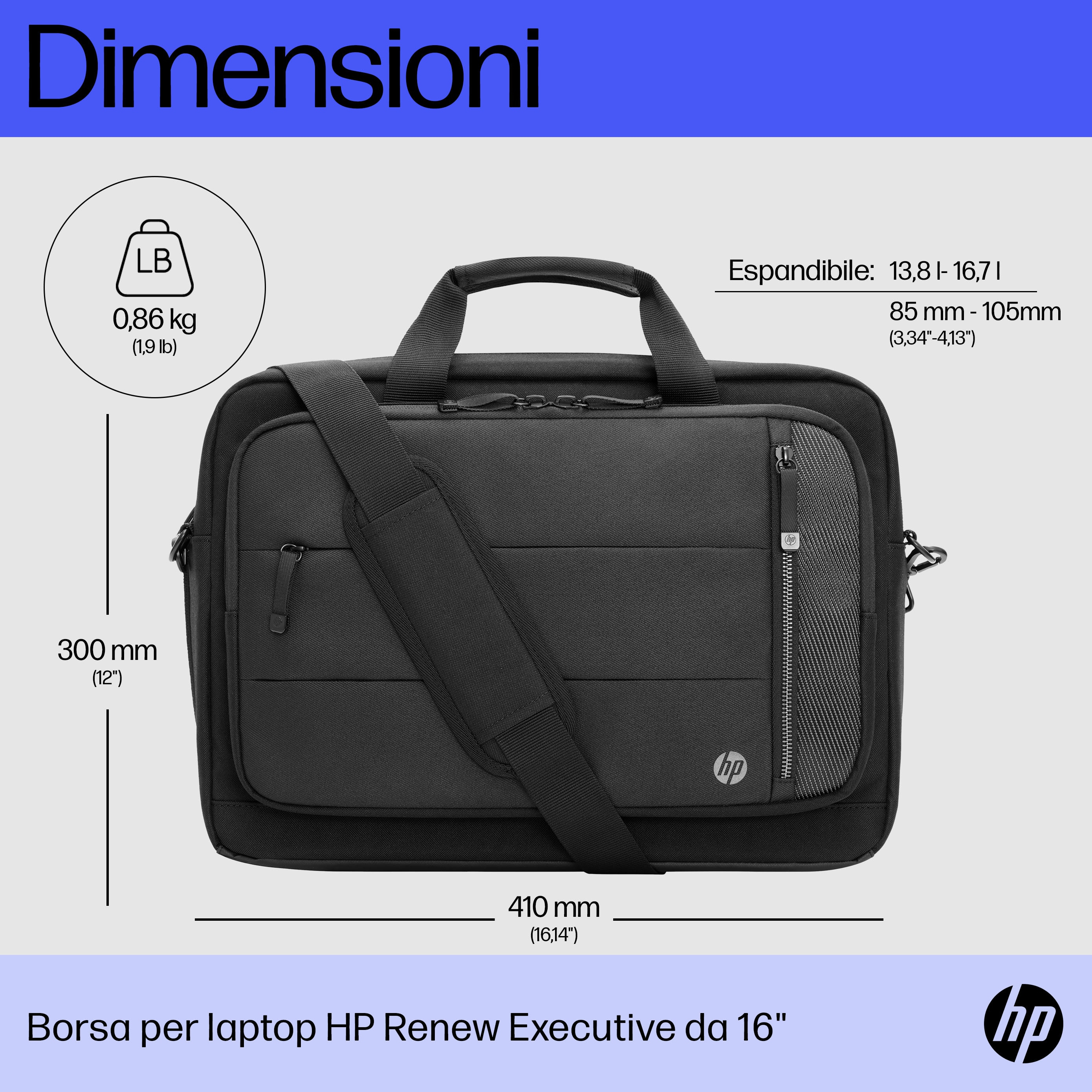 Borsa per laptop nera con dimensioni, logo HP e testo sul prodotto.