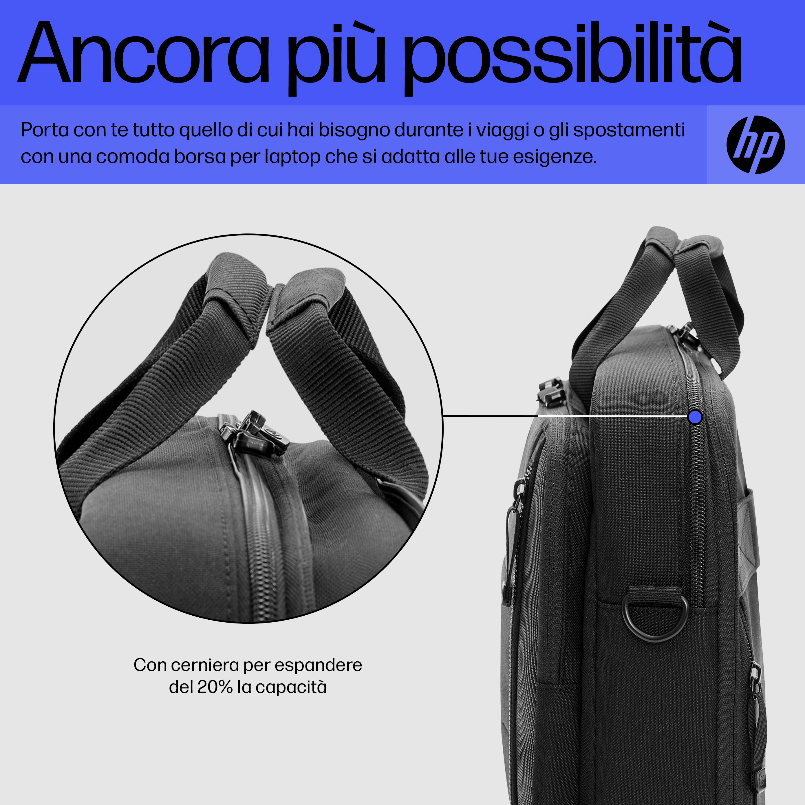 Borsa nera con testo e logo.