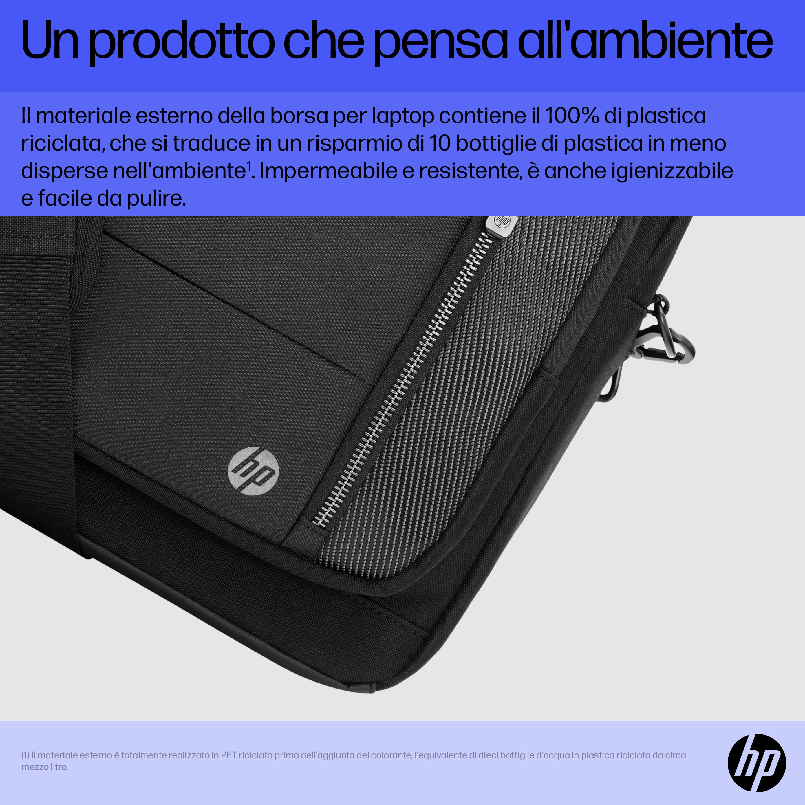 Primo piano di una borsa per laptop nera con testo sul riciclo e il logo HP.