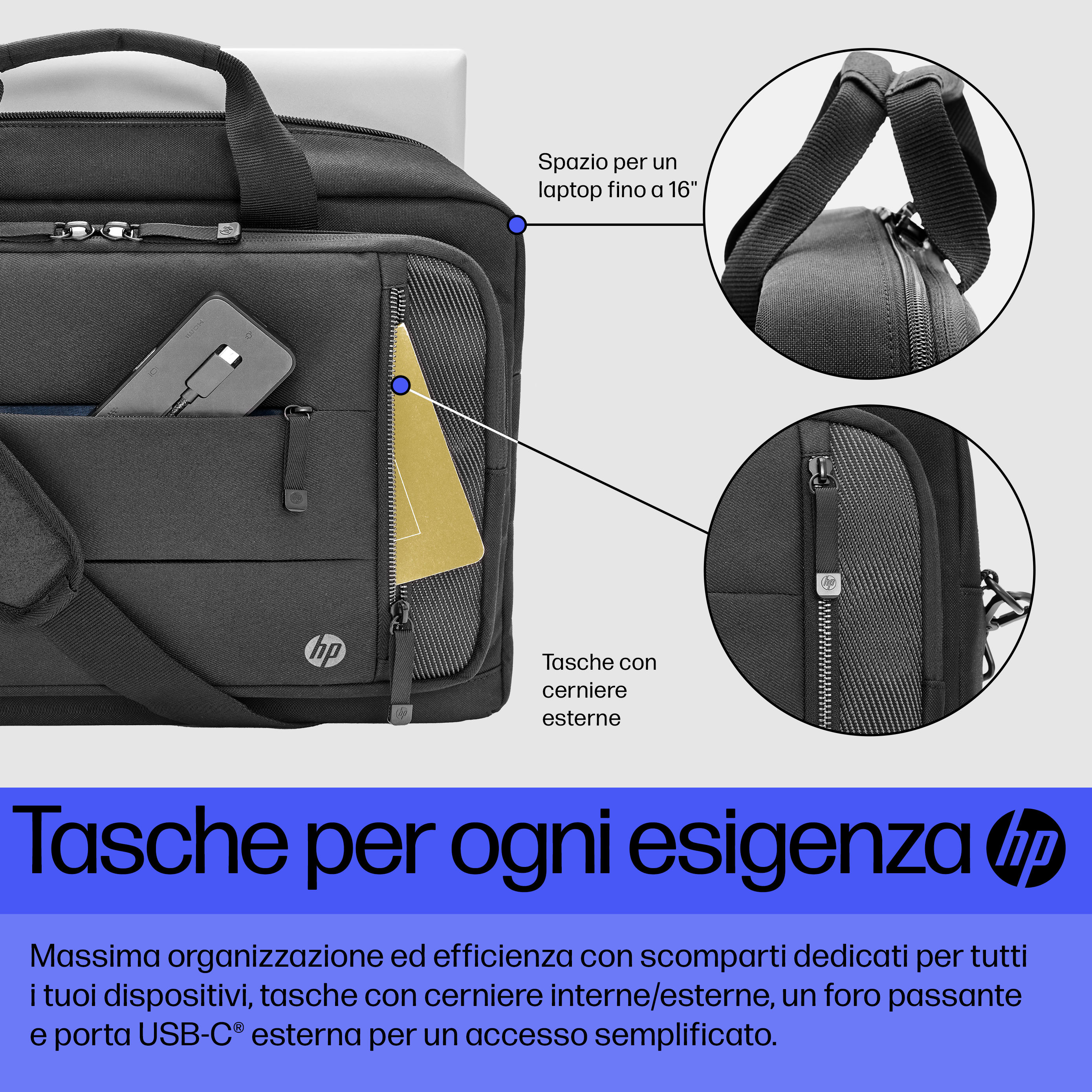 Vista dettagliata di una borsa nera, che mostra tasche, cerniere e una sezione con il logo HP.