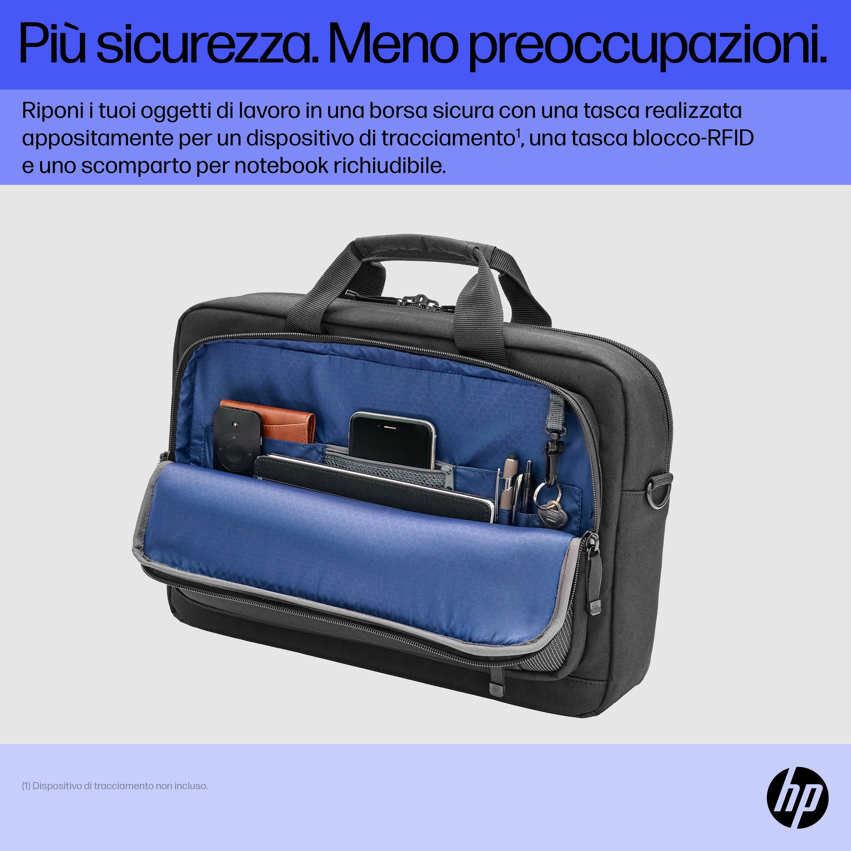 Una borsa per laptop nera aperta con oggetti all'interno, testo in alto.