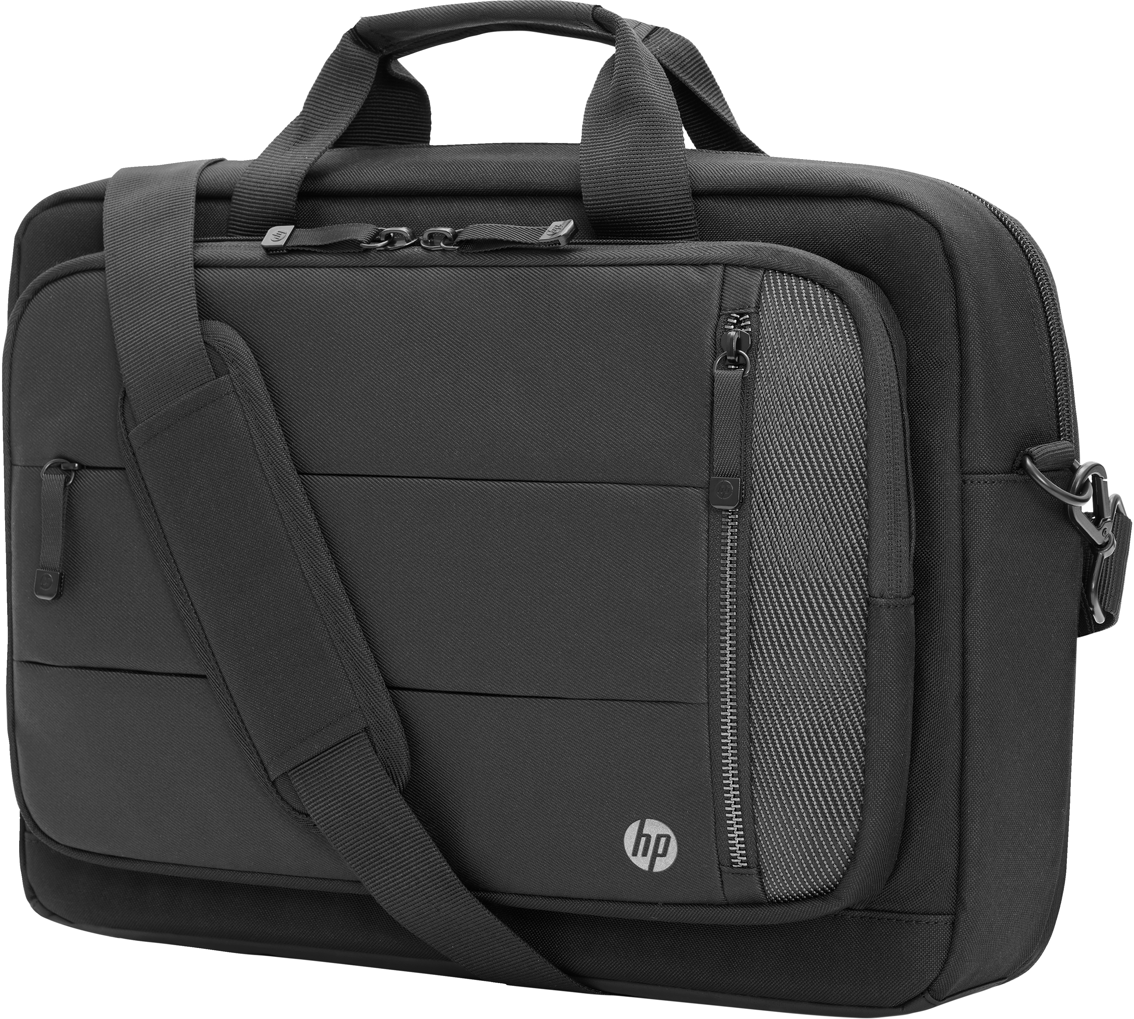 Borsa nera per laptop con tasca frontale grigia strutturata, tracolla e maniglia.