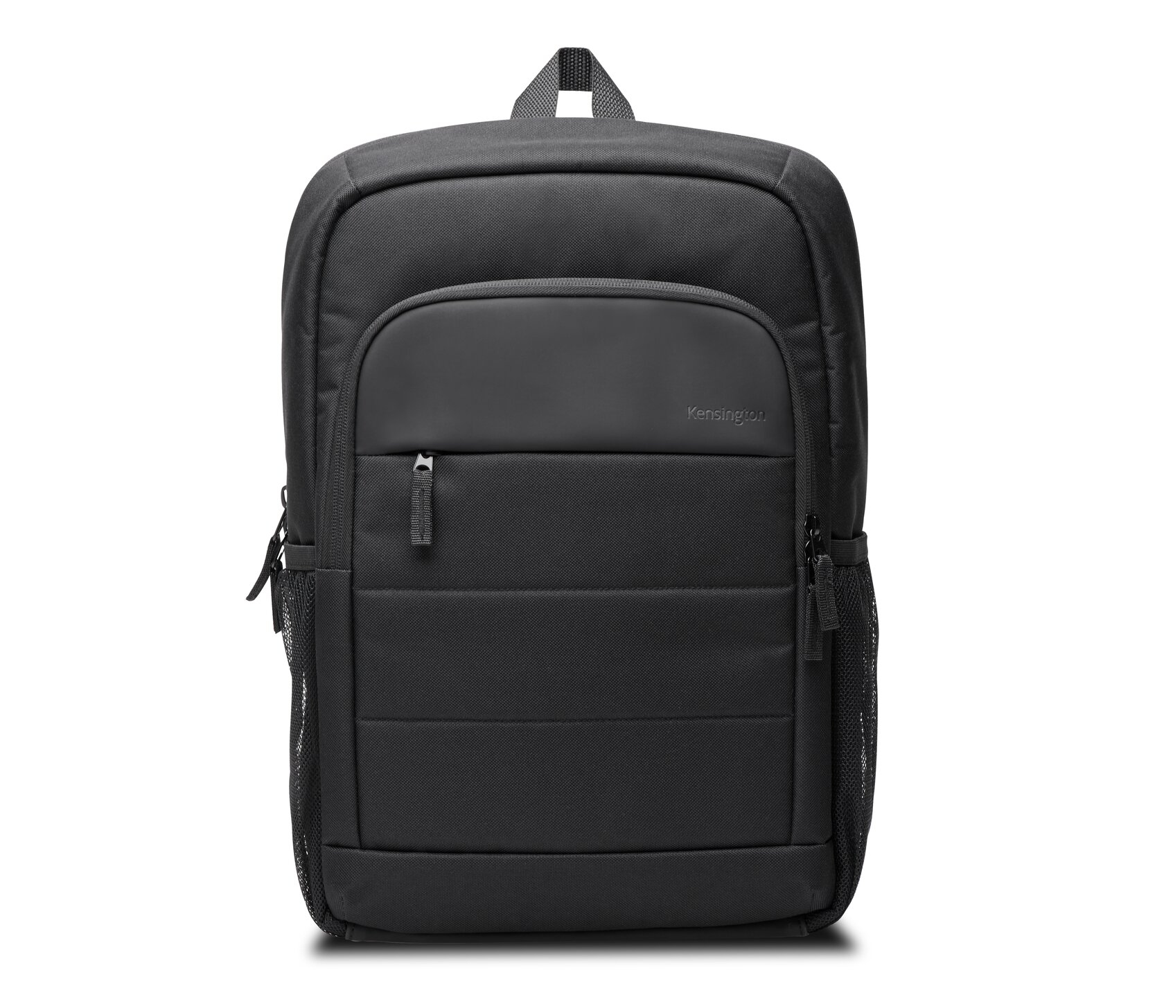Zaino nero con tasca frontale imbottita e tasche laterali in rete. Il logo Kensington è visibile.