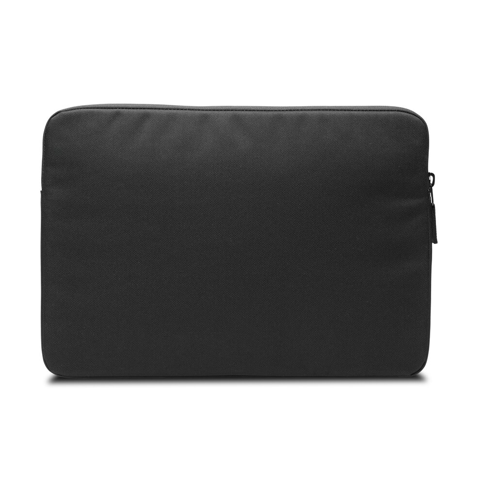 Custodia per laptop nera, design semplice, con cerniera sul lato destro su sfondo bianco.