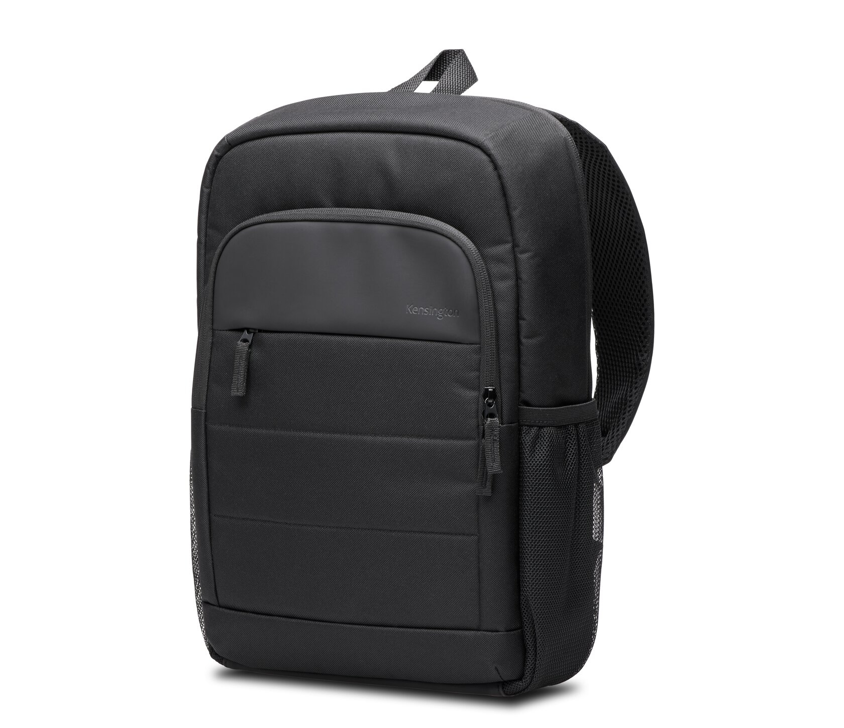 Zaino nero con due cerniere e un logo Kensington sul davanti.