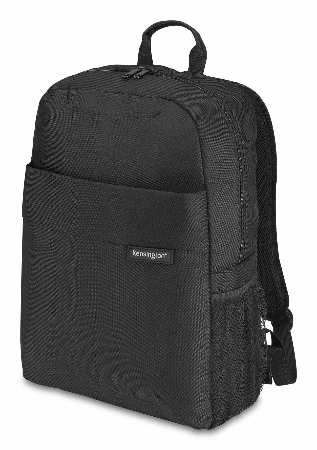 Zaino nero con tasca frontale, logo Kensington e tasca laterale in rete.