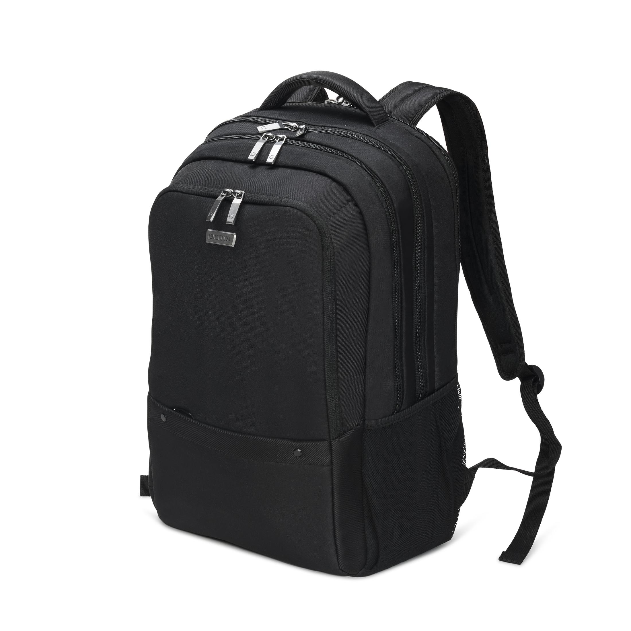 Schwarzer Rucksack mit zwei Hauptfächern und silbernen Reißverschlüssen. Weißer Hintergrund.