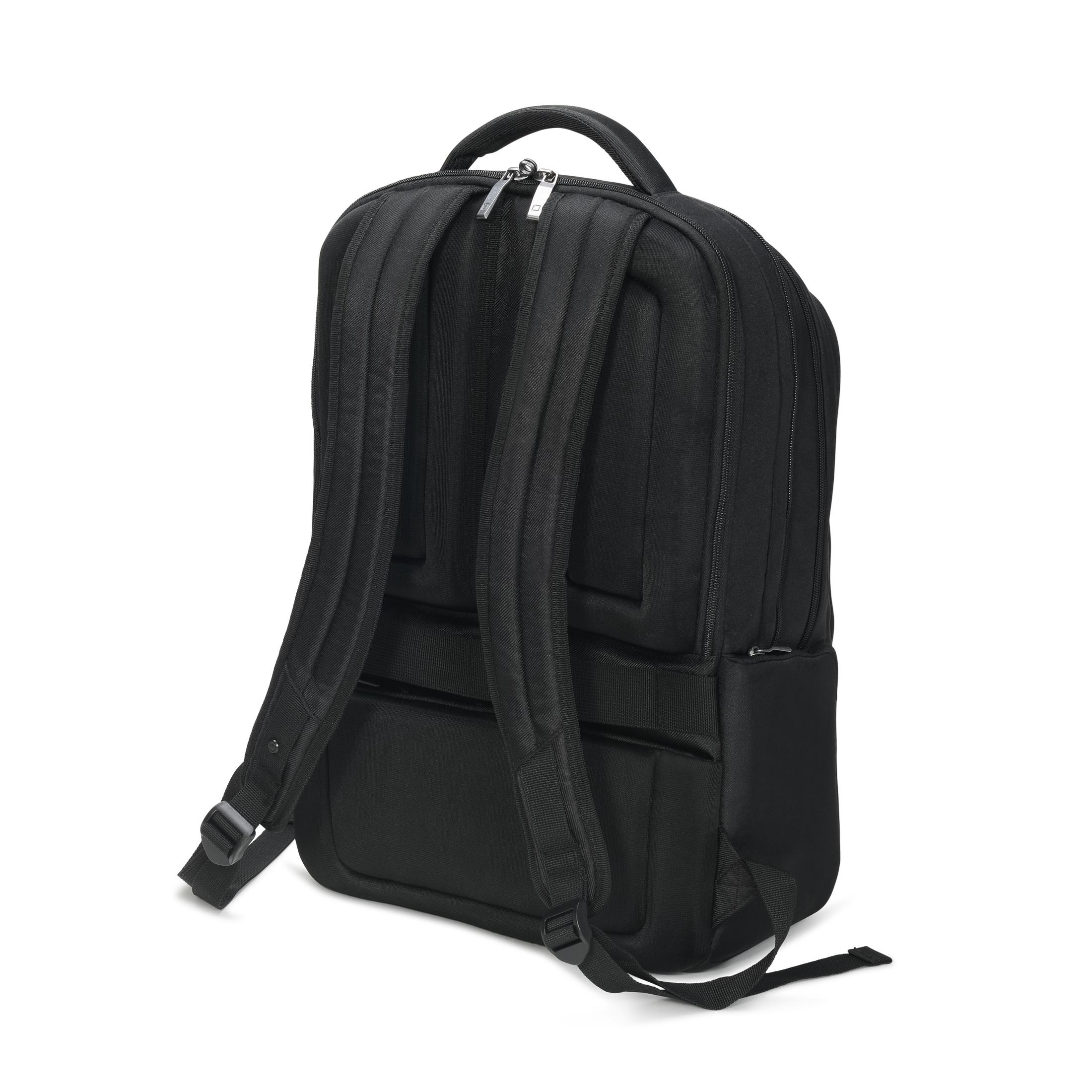 Schwarze Rucksackrückseite mit Gurten und Griff, und einer Tasche.