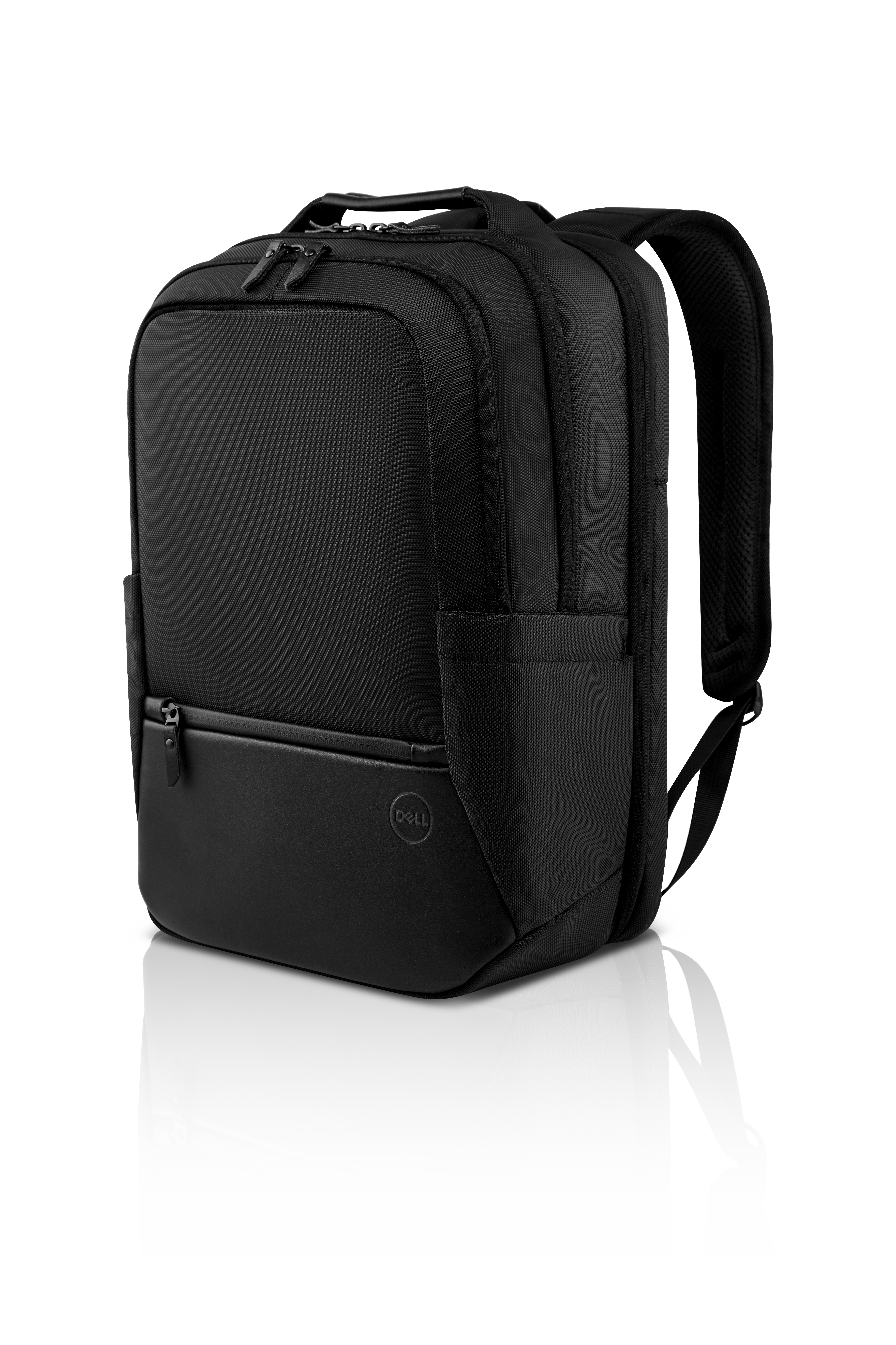 Zaino Dell nero. Presenta una tasca frontale strutturata, un logo Dell e un design elegante e moderno.