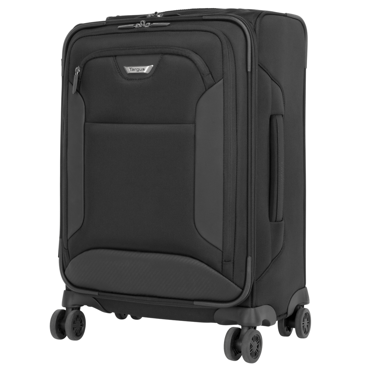 Valigia trolley nera con manico e ruote. Sfondo bianco.
