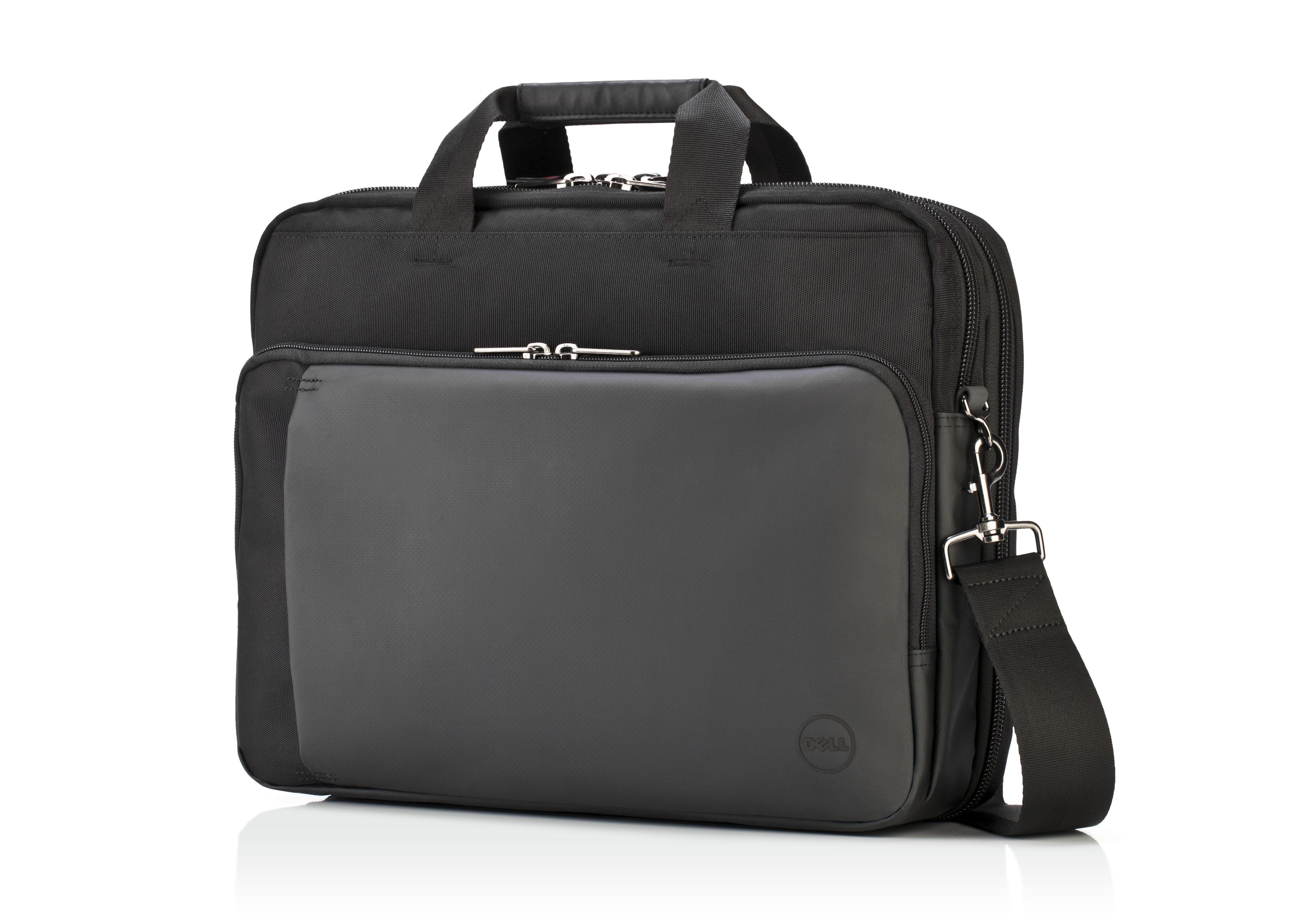 Borsa per laptop Dell nera e grigia. Maniglia, tracolla e logo Dell.