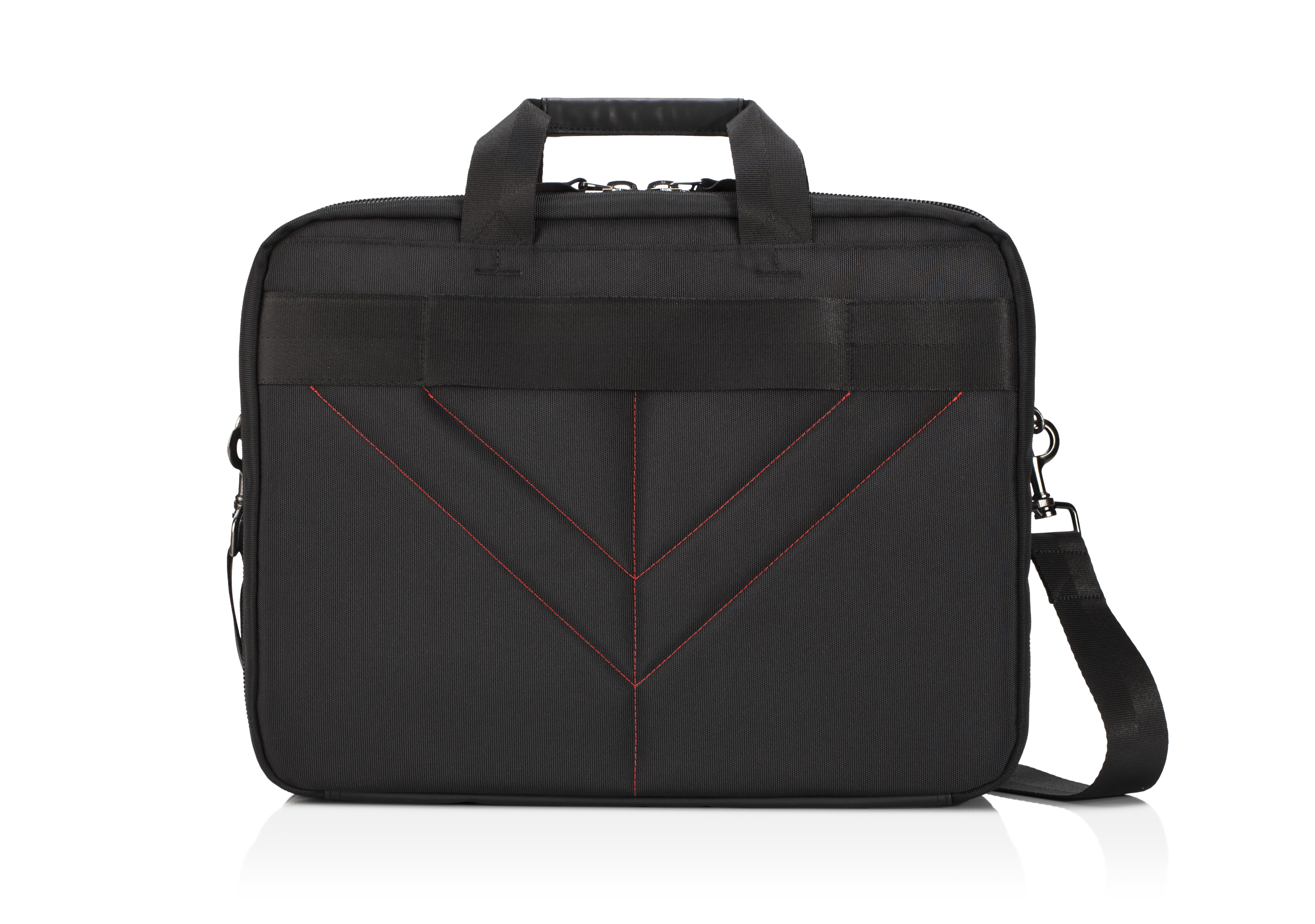 Borsa per laptop nera con manico, tracolla e cuciture rosse su sfondo bianco.