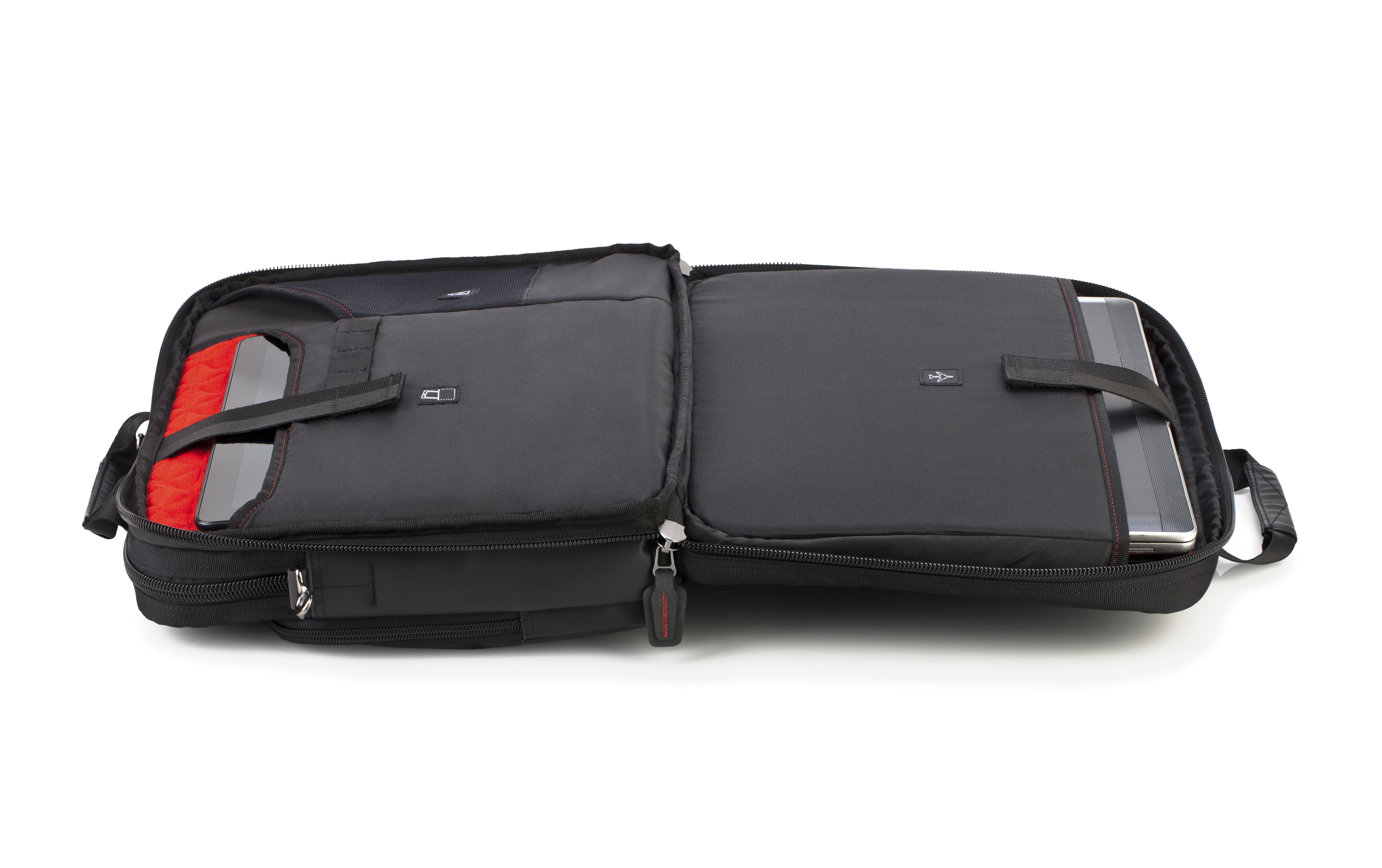 Borsa per laptop nera, aperta, con scomparti. Sfondo bianco.