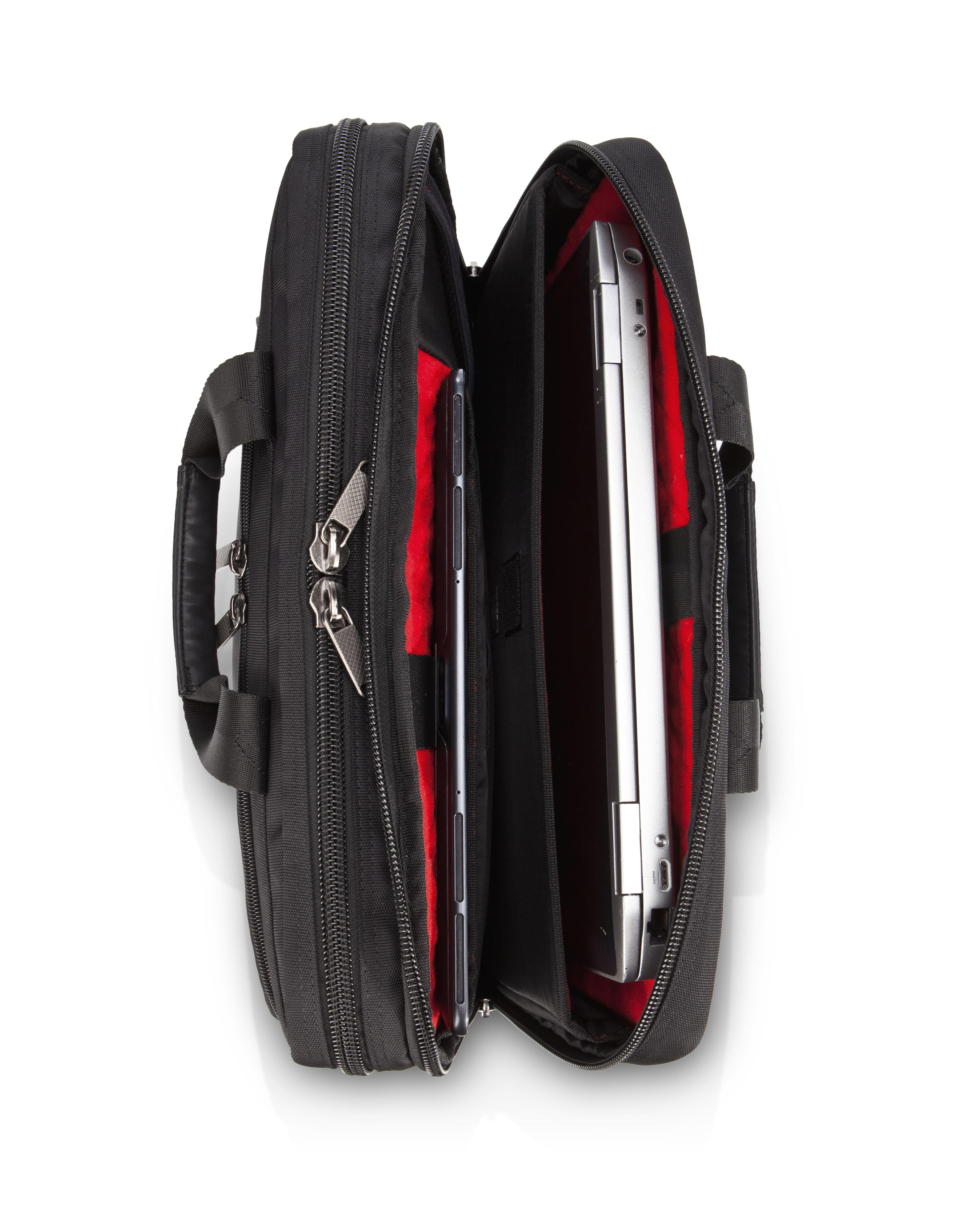 Borsa per laptop nera aperta con laptop e tablet visibili.