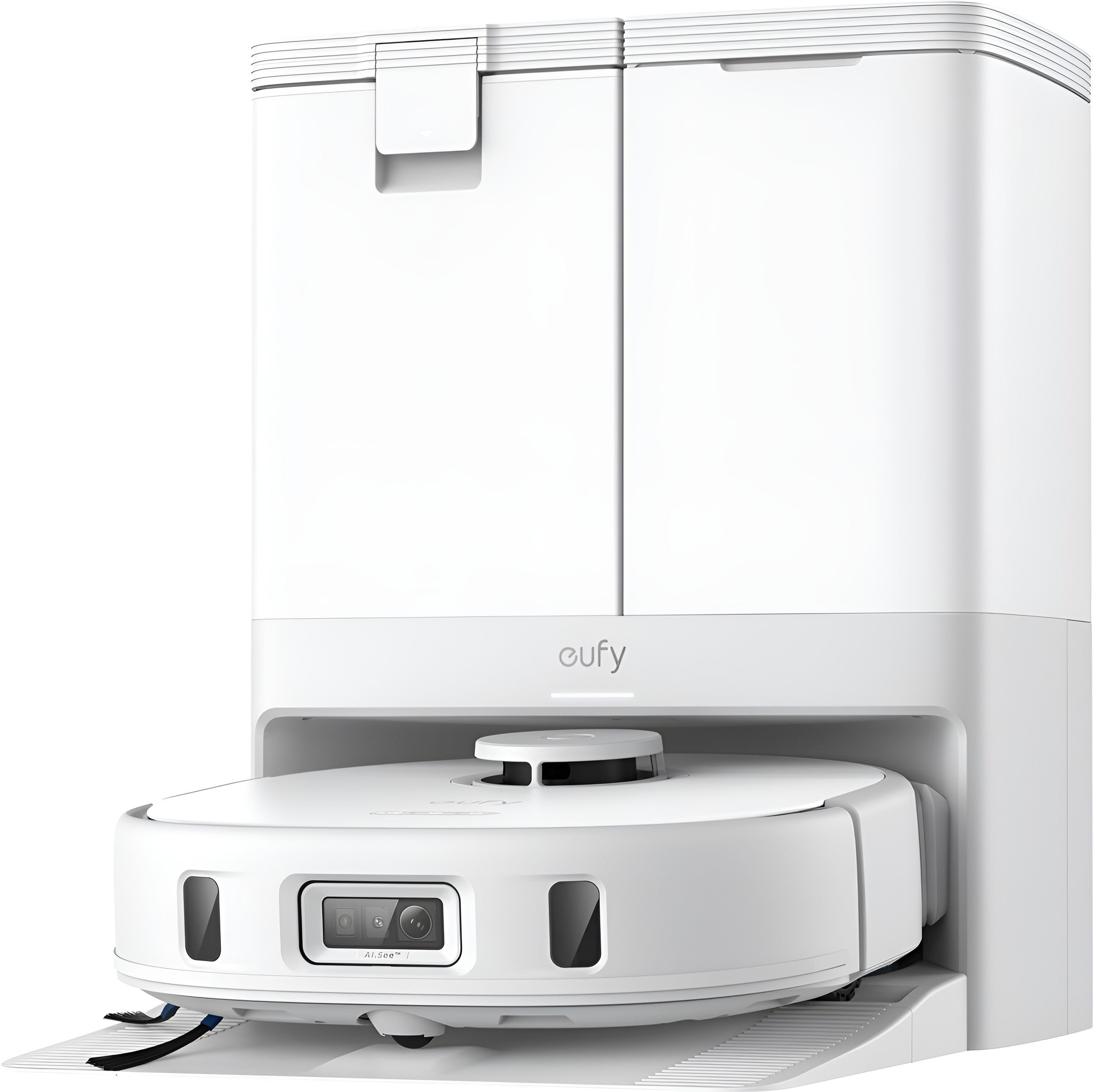 Biały odkurzacz automatyczny ze stacją ładującą, czysty design i nowoczesny wygląd.