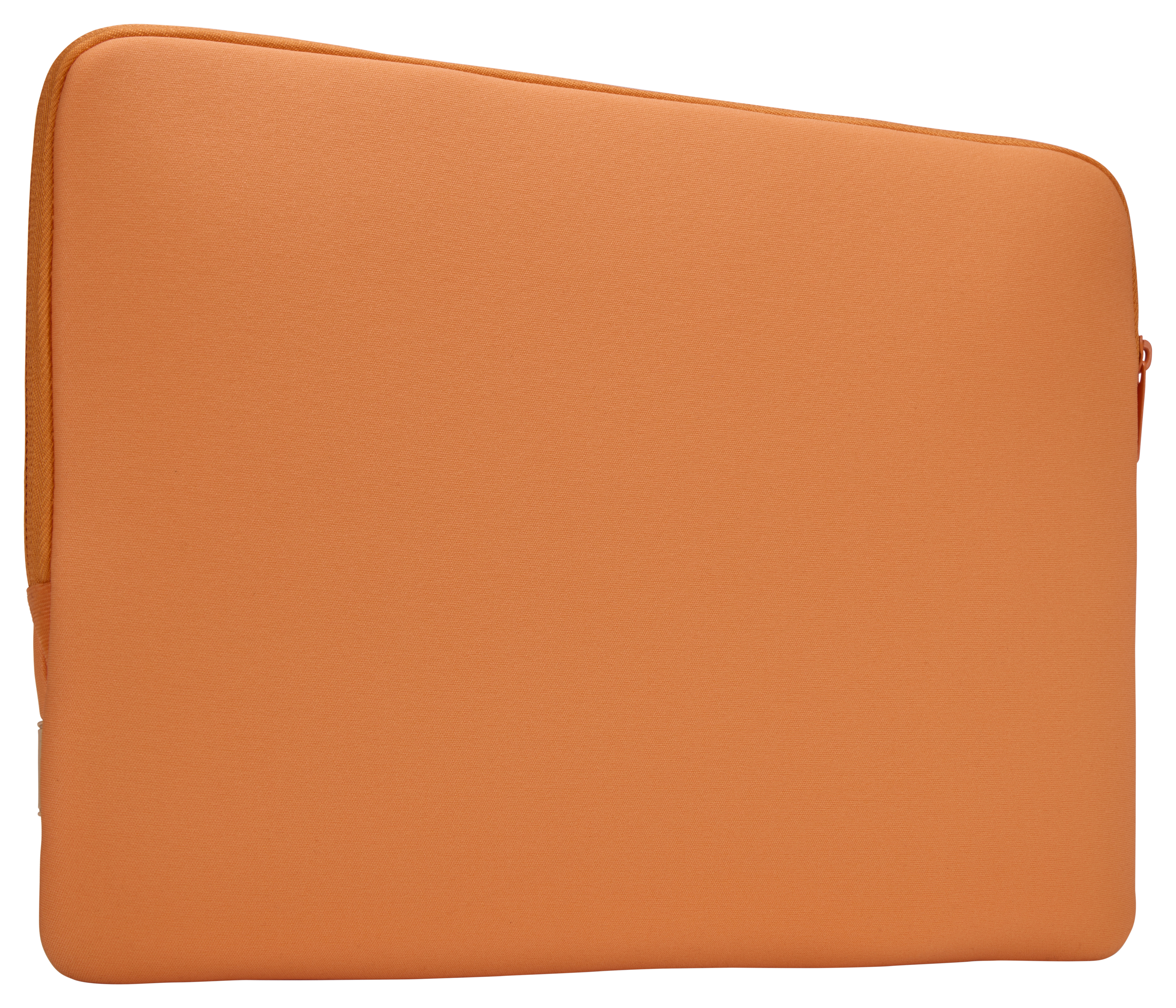 Custodia arancione per laptop, forma rettangolare, con cerniera sul bordo destro. Sfondo bianco.