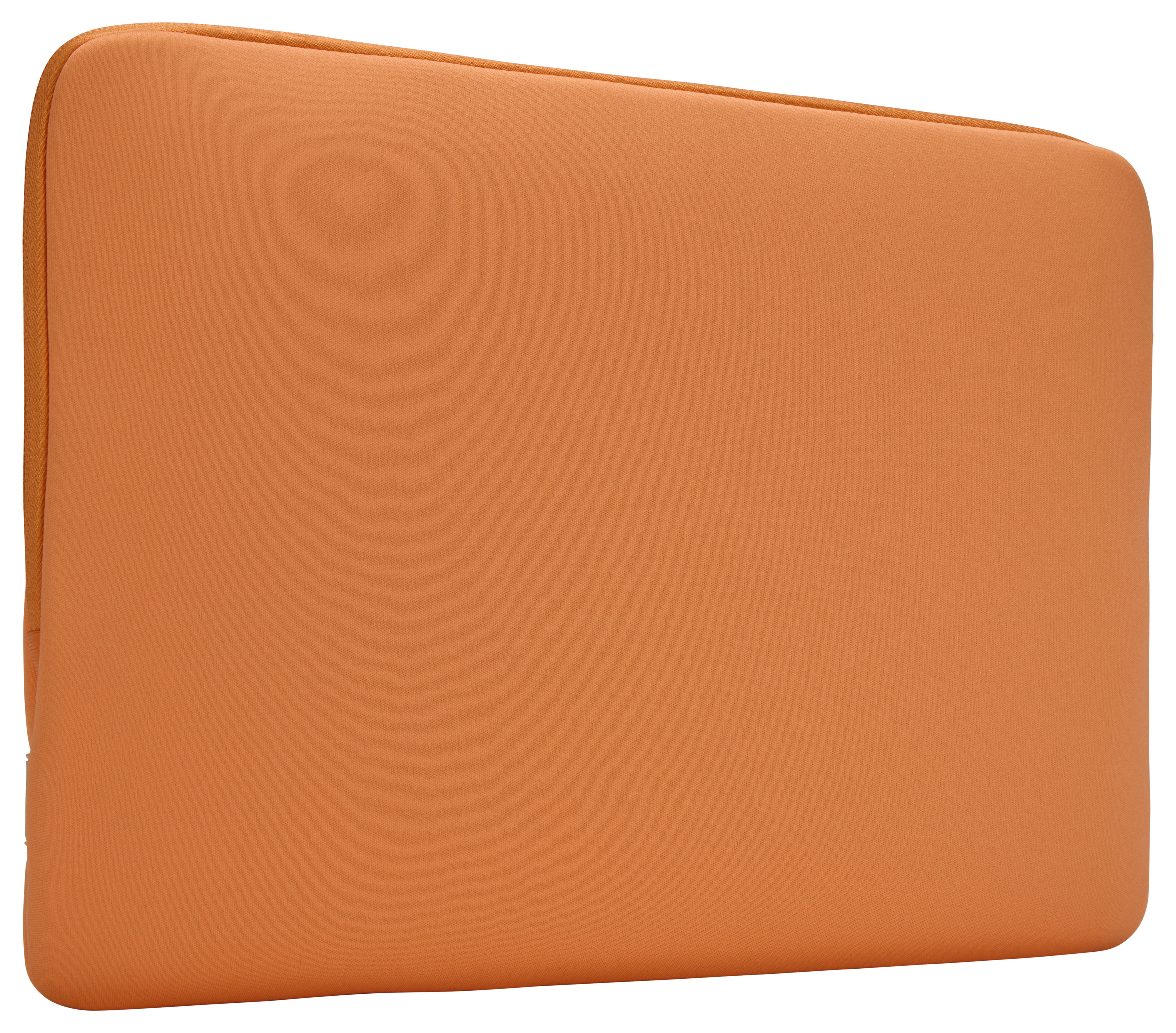Custodia arancione per laptop, vista laterale. Cerniera visibile. Sfondo bianco.