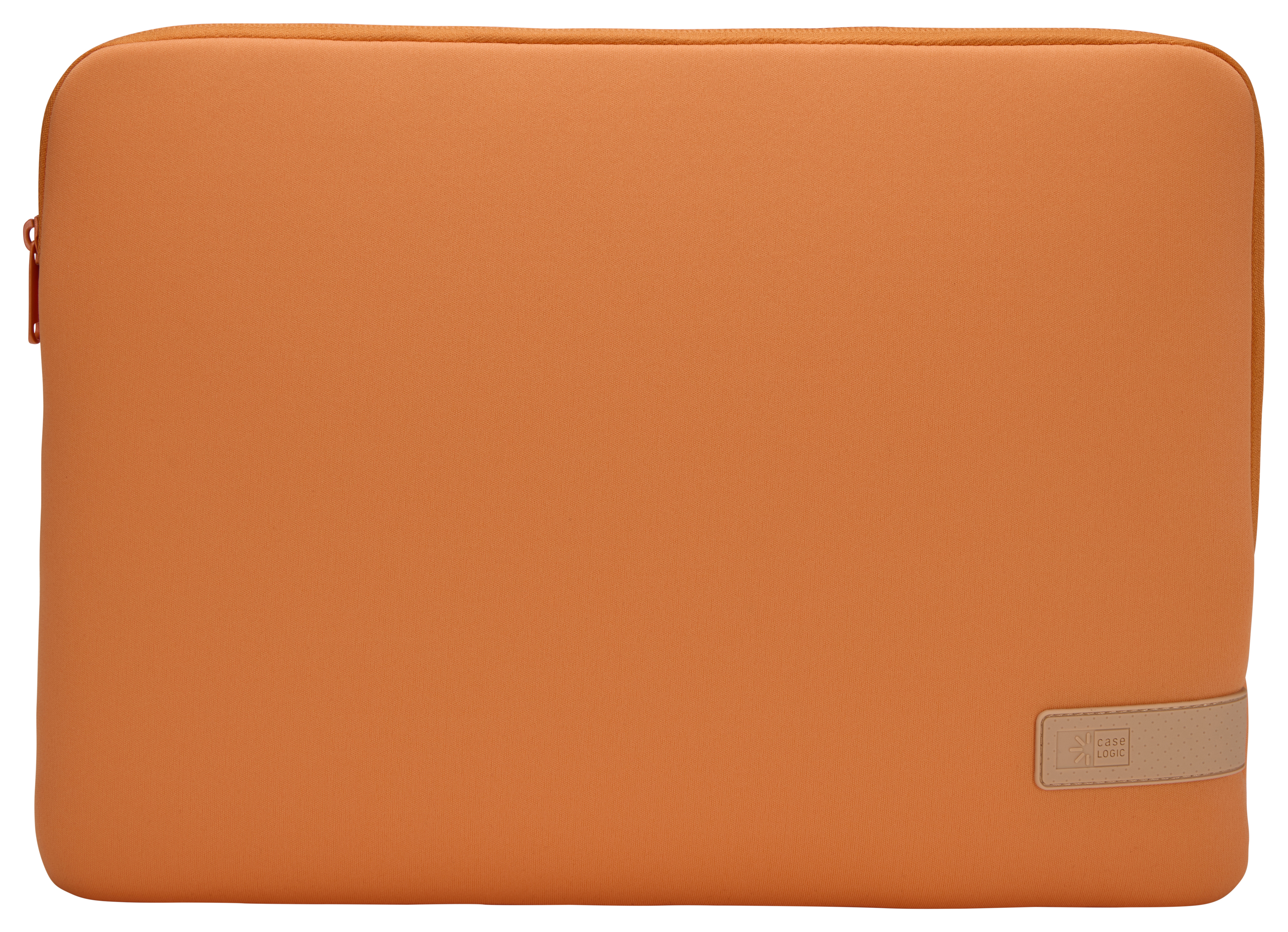 Custodia arancione per laptop con chiusura a cerniera.