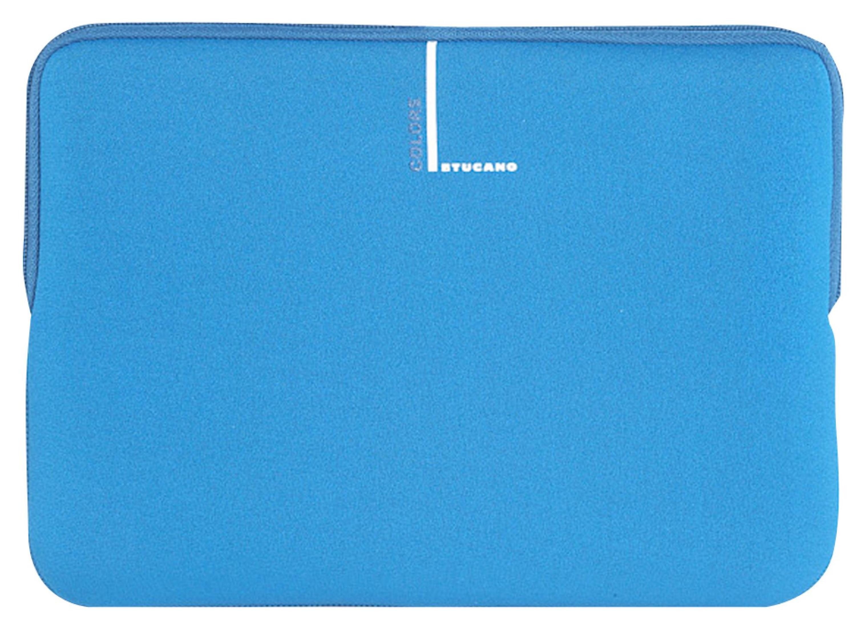 Custodia blu per laptop. La custodia è chiusa con una cerniera. Il logo è sul davanti.
