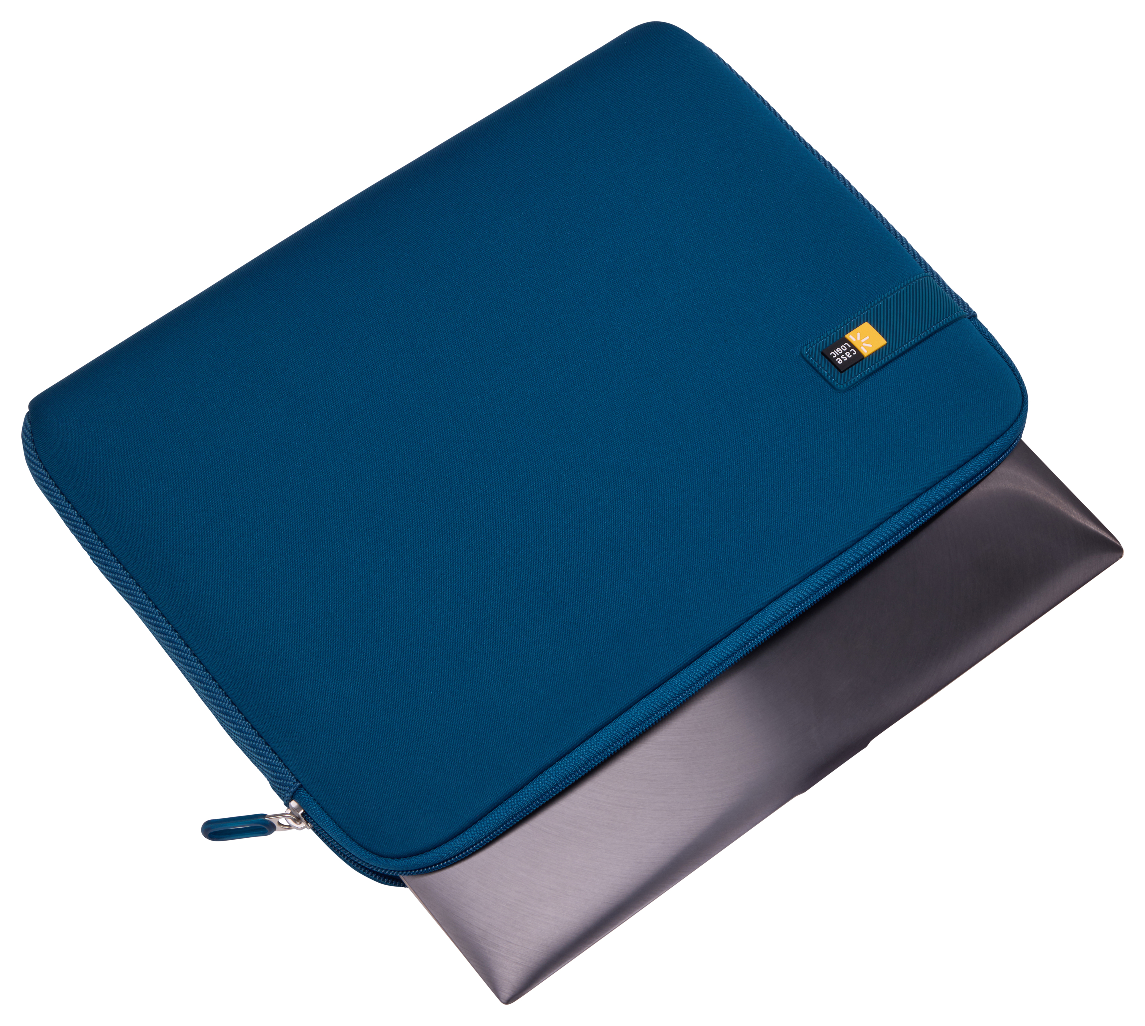 Custodia blu per laptop con cerniera, parzialmente aperta, laptop all'interno.