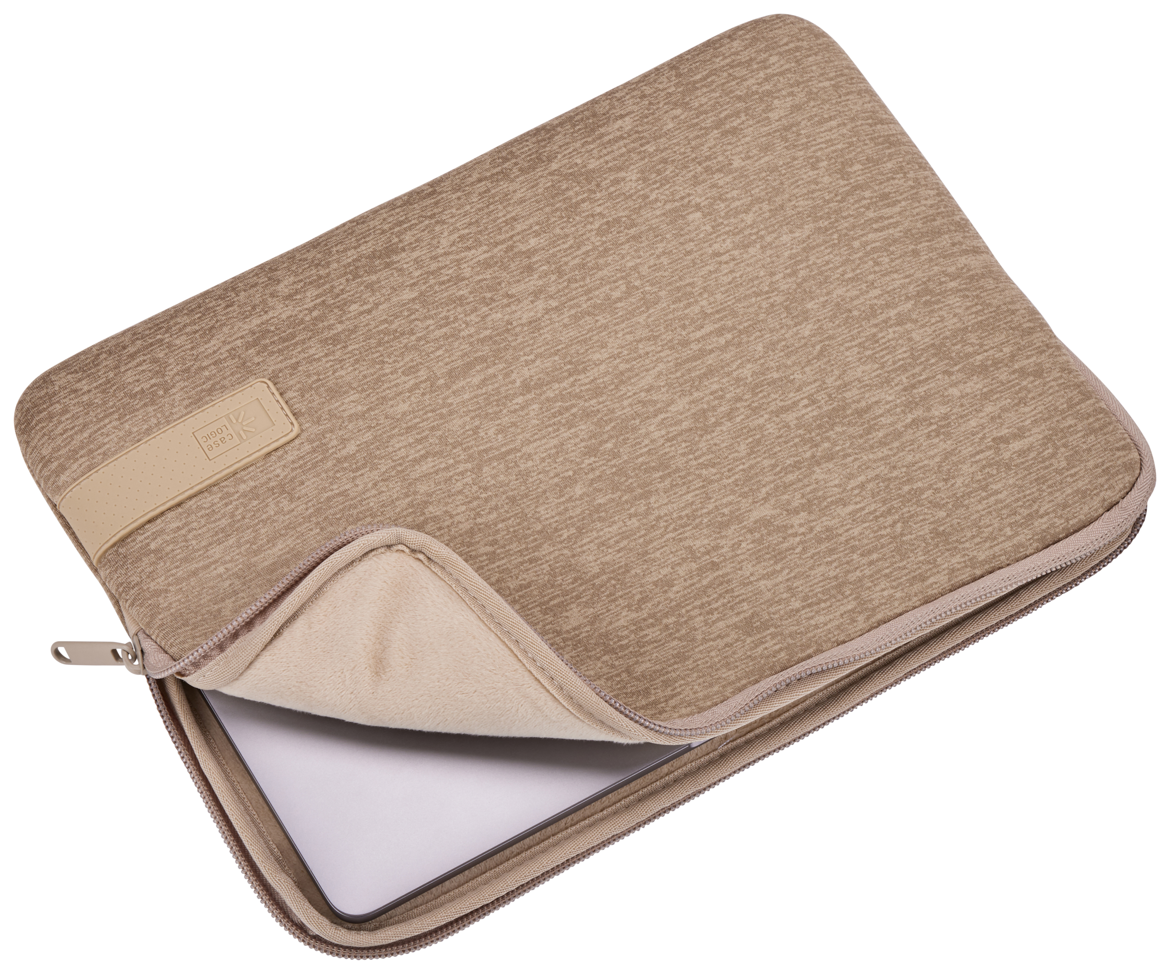 Beige laptop sleeve, open. Laptop is visible inside. Simple and clean design.