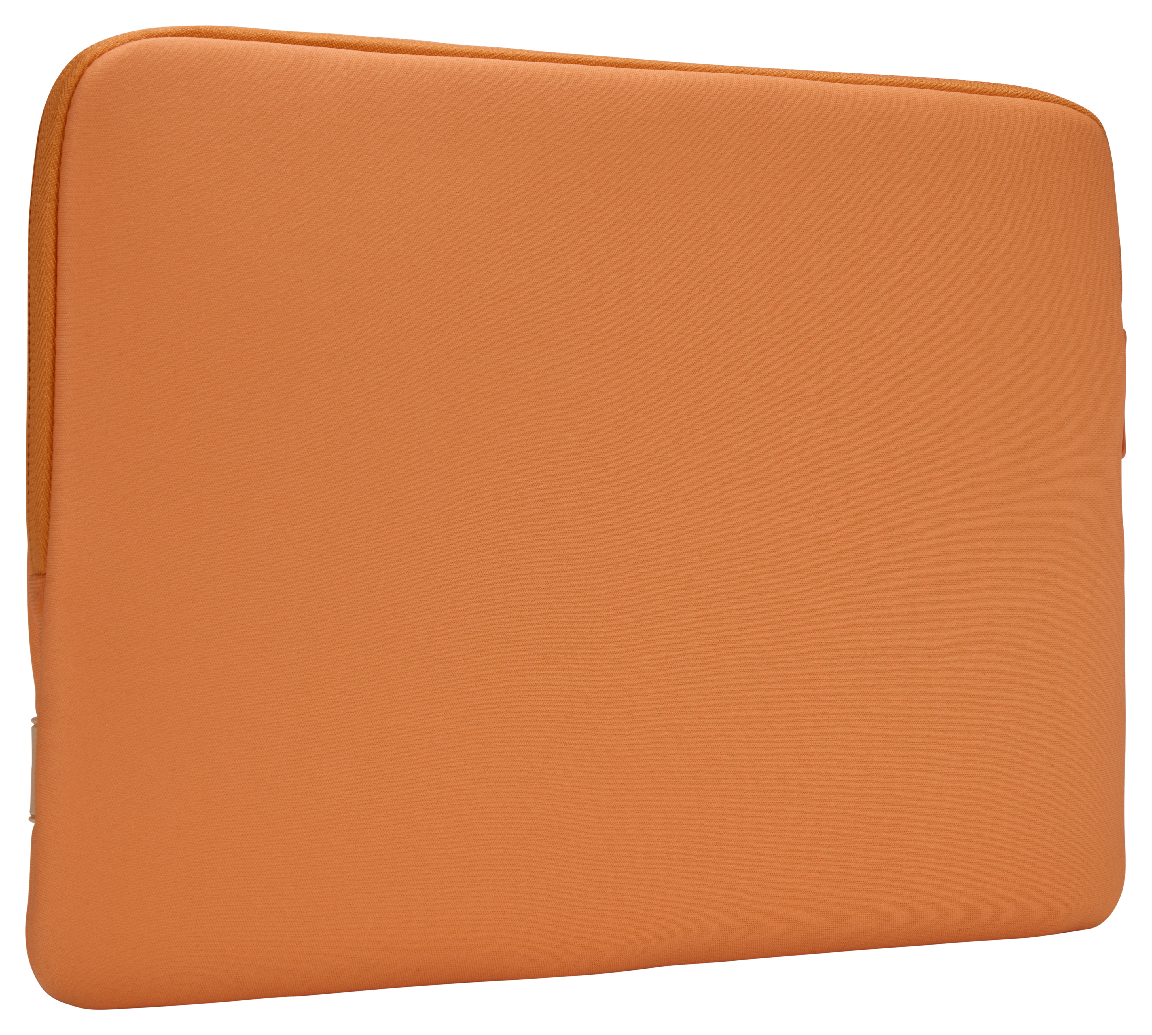 Custodia arancione per laptop, con cerniera, con logo sul lato inferiore.