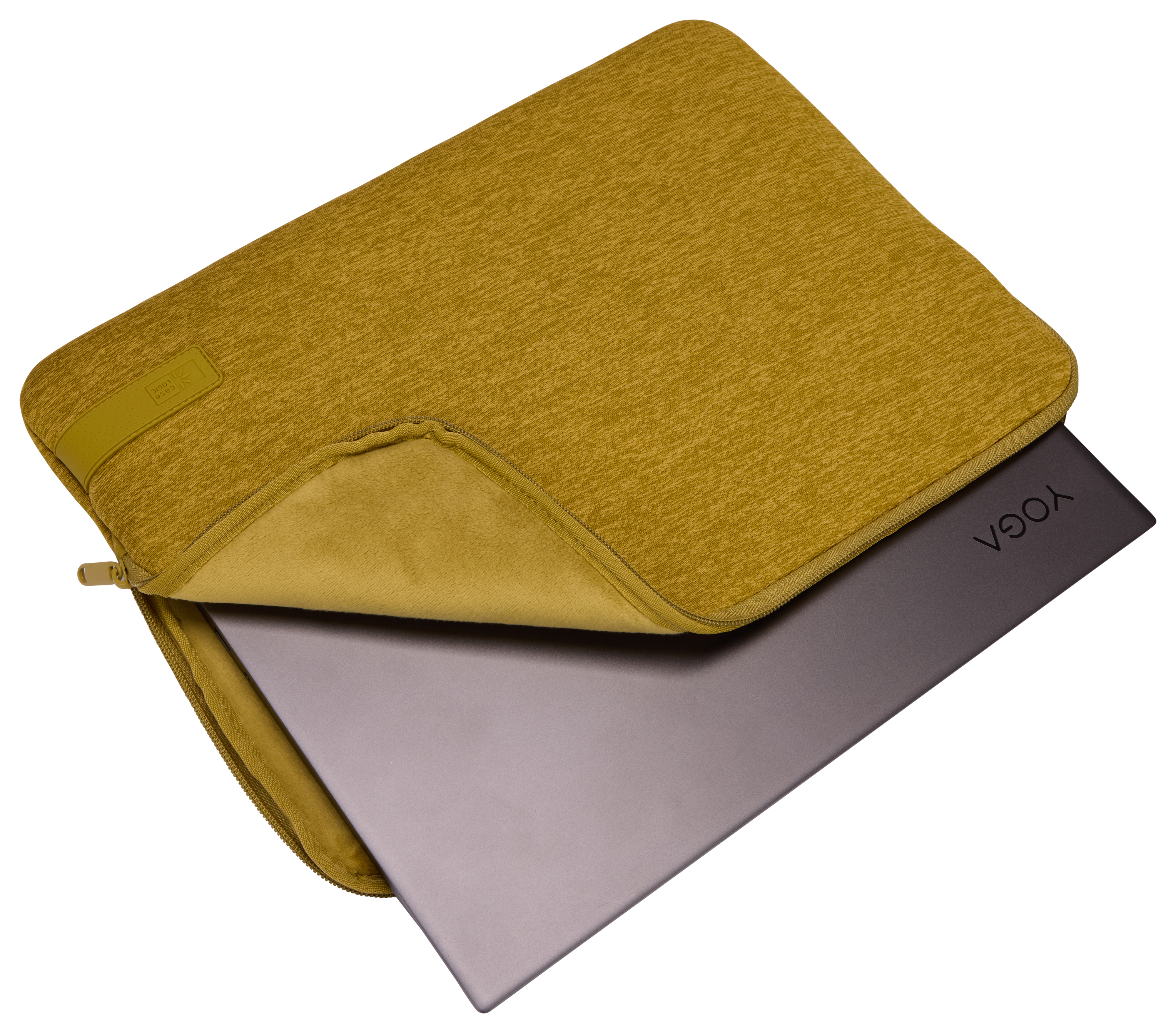 Custodia verde oliva per laptop, aperta, rivela un laptop Yoga nero. Semplice.
