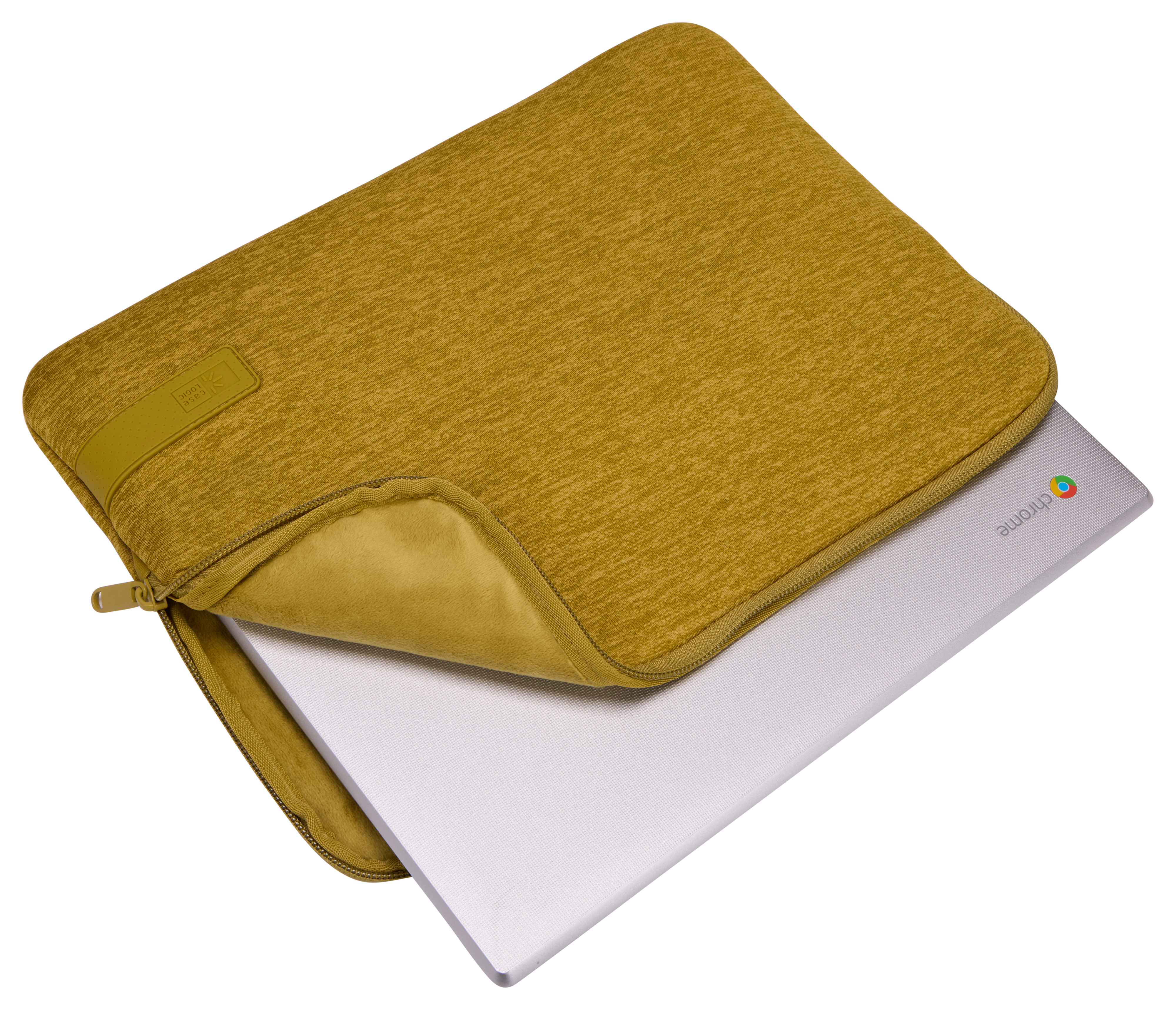 Laptop in una custodia gialla con logo Chrome. Sfondo bianco.
