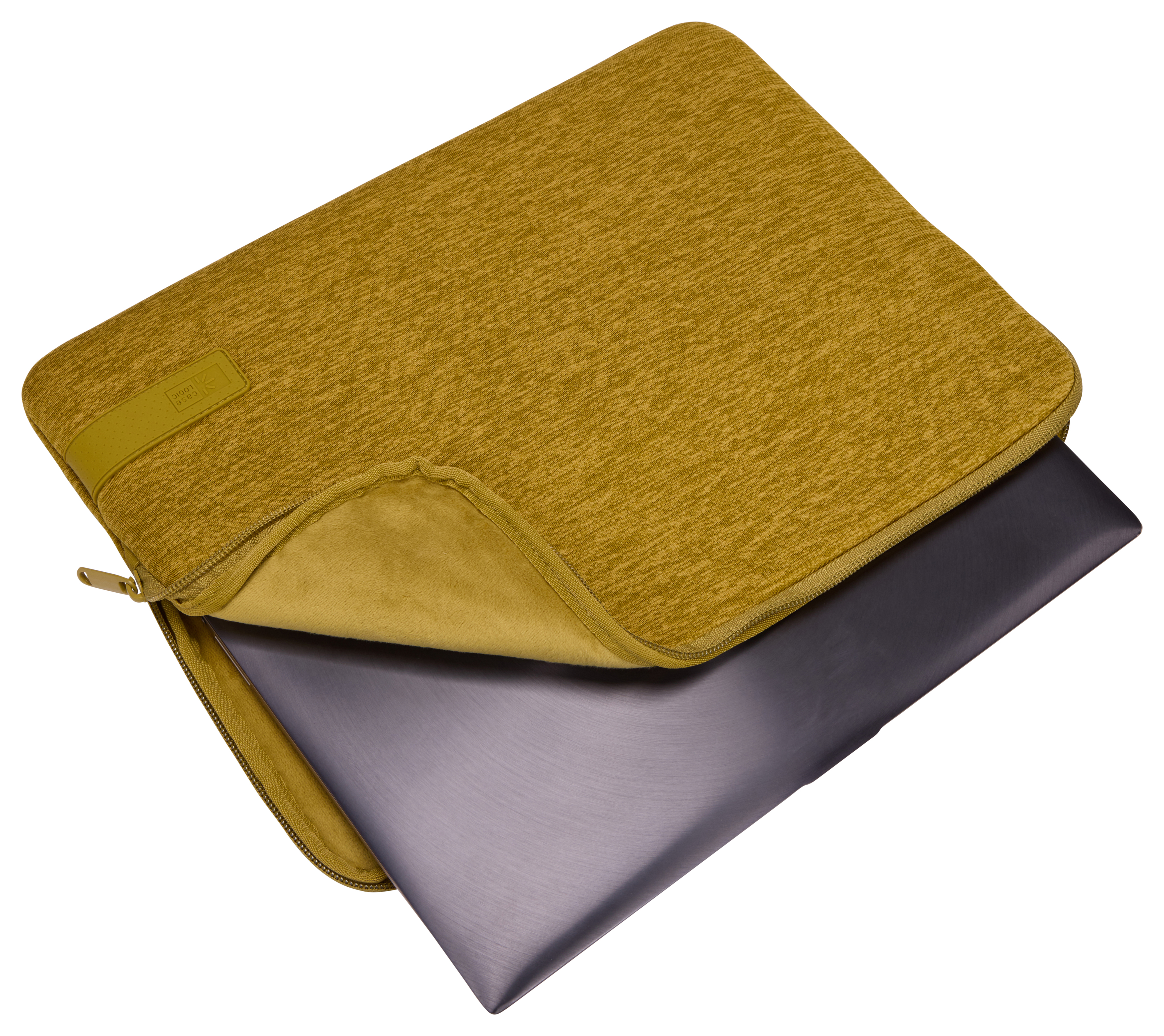 Custodia verde oliva per laptop con cerniera, parzialmente aperta, laptop visibile.