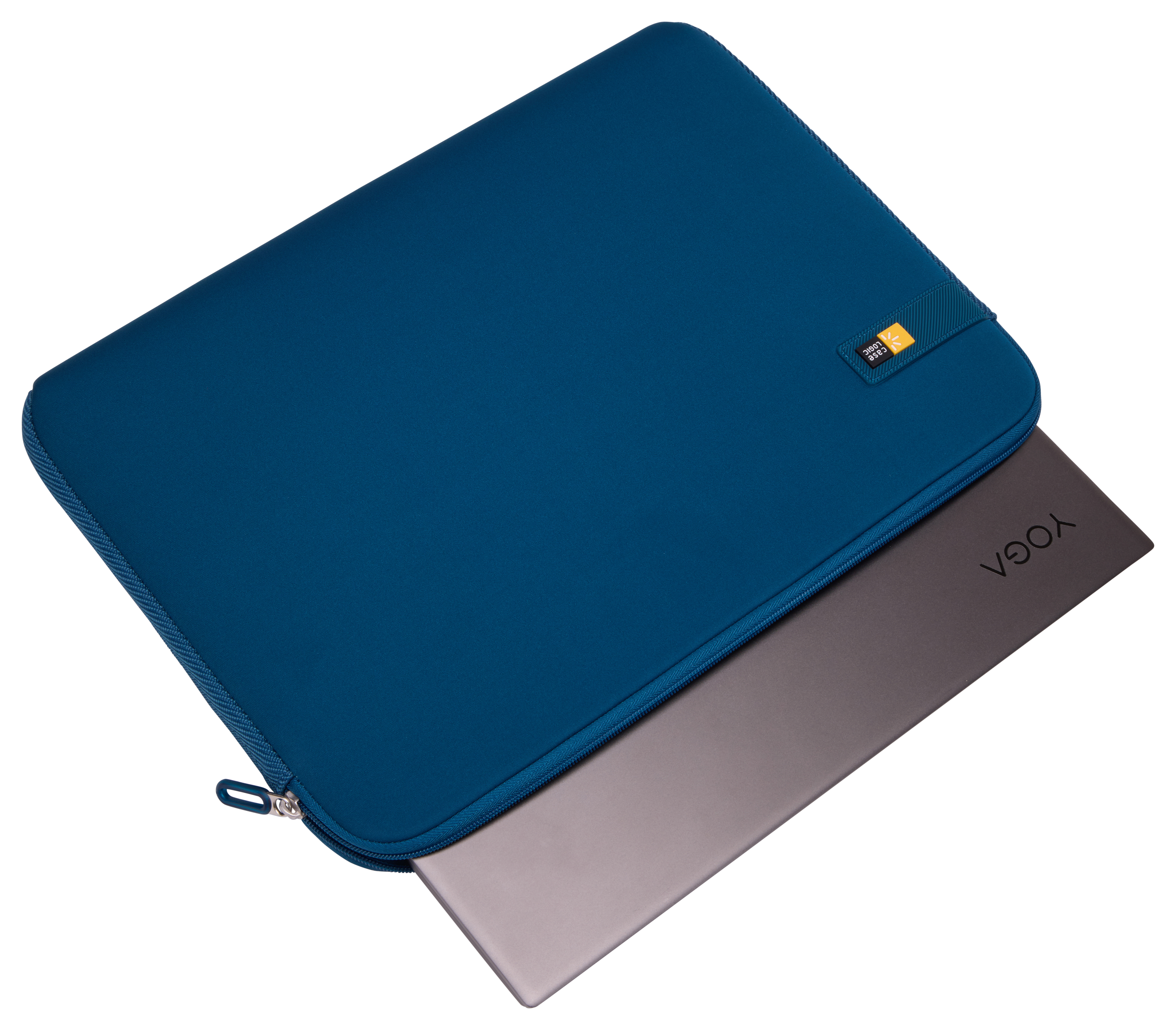 Custodia per laptop verde acqua con cerniera aperta. Un laptop all'interno. Il laptop è grigio.
