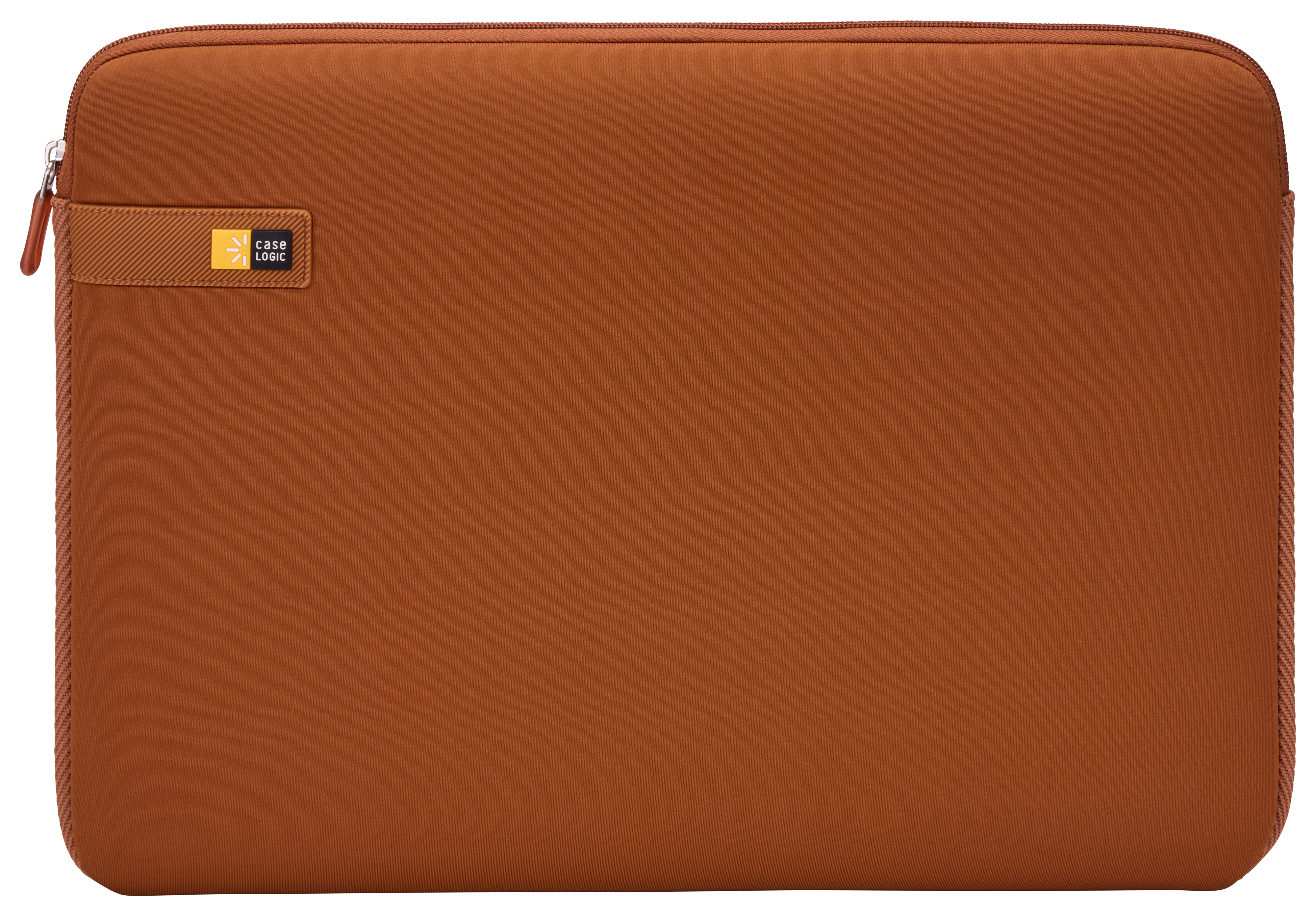Custodia marrone per laptop con cerniera e etichetta Case Logic.