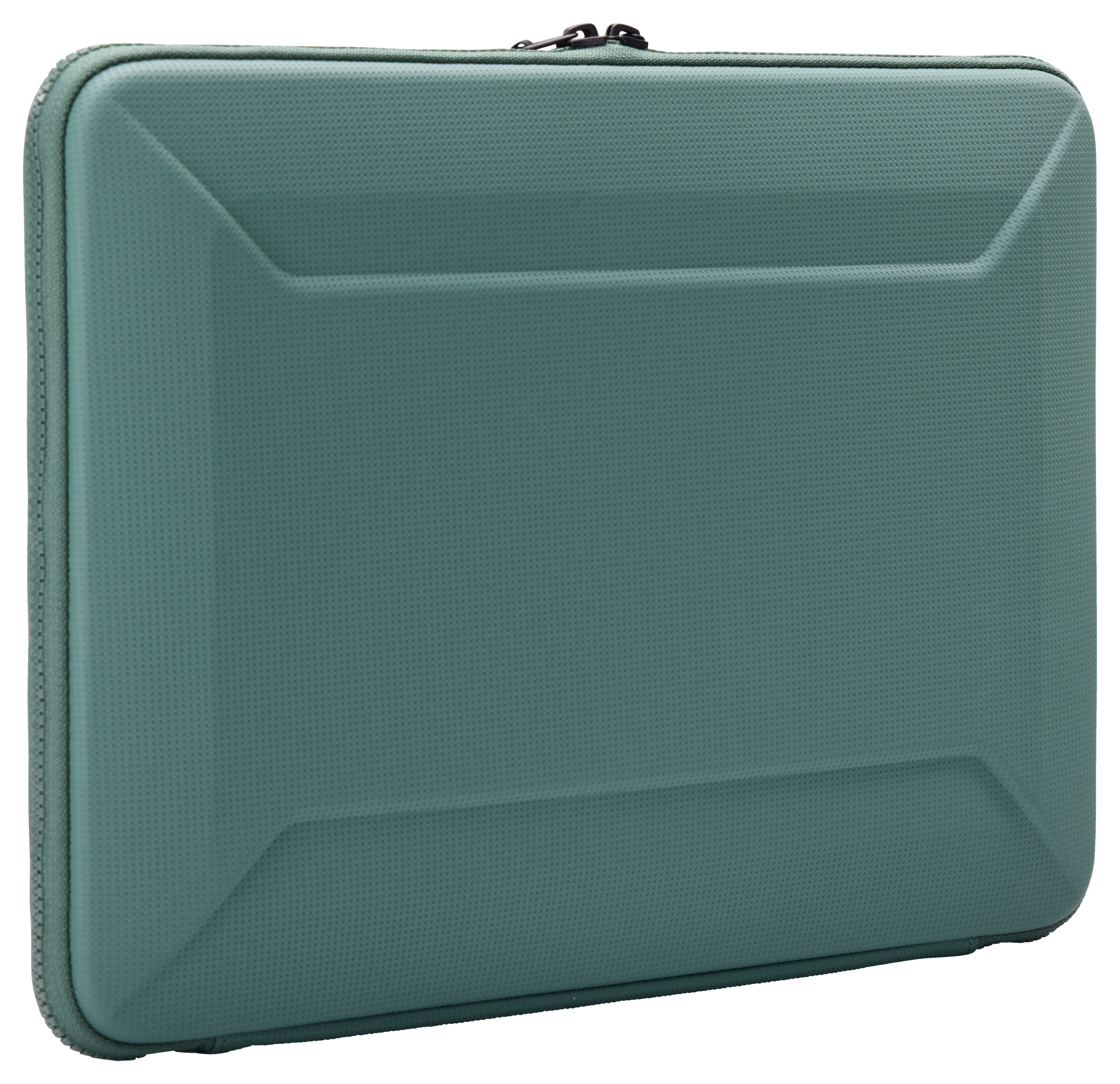 Custodia per laptop verde acqua con cerniera. La custodia ha una superficie strutturata e un design angolato.