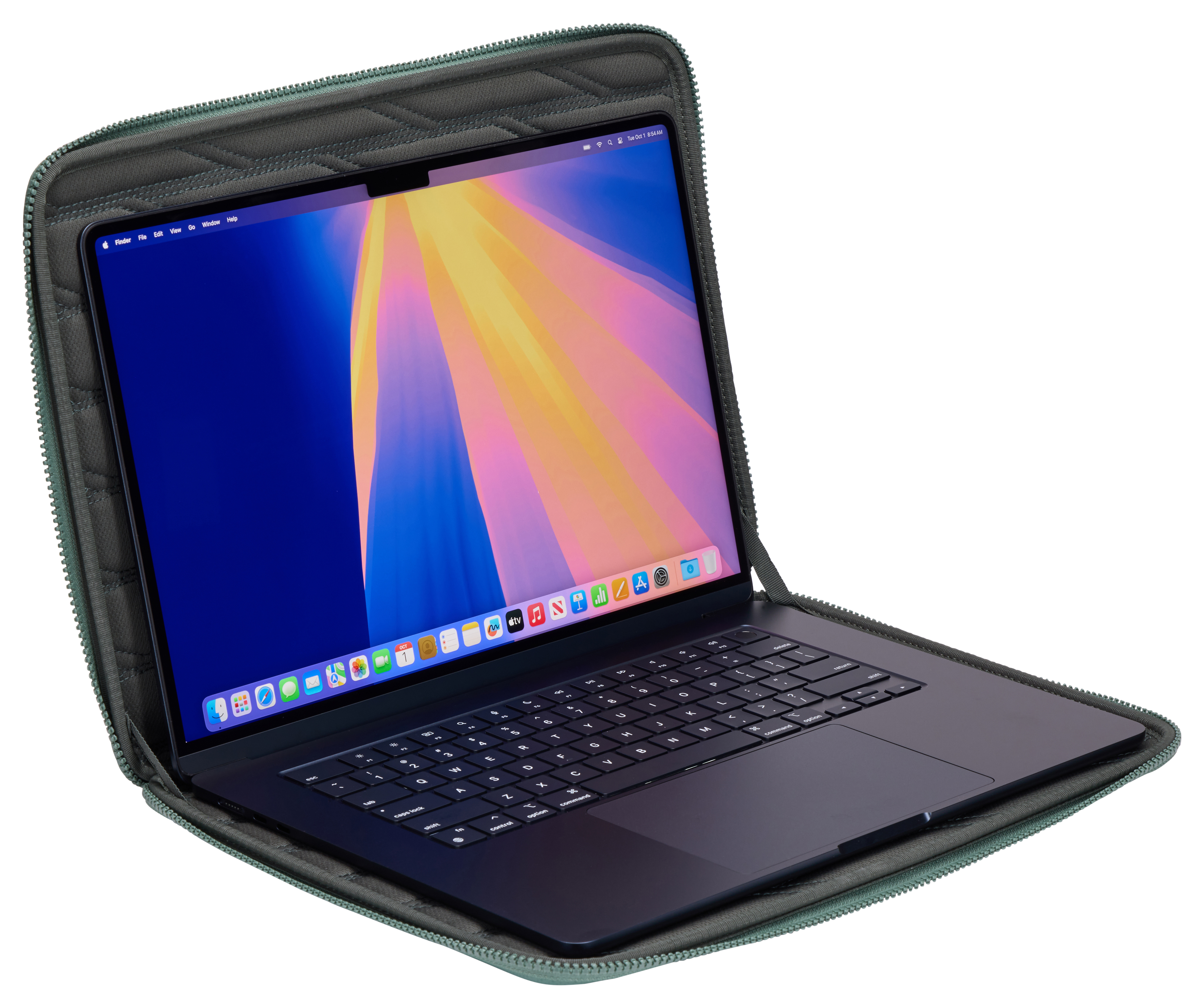 Laptop all'interno di una custodia grigia. Lo schermo mostra un desktop con icone. Custodia aperta.