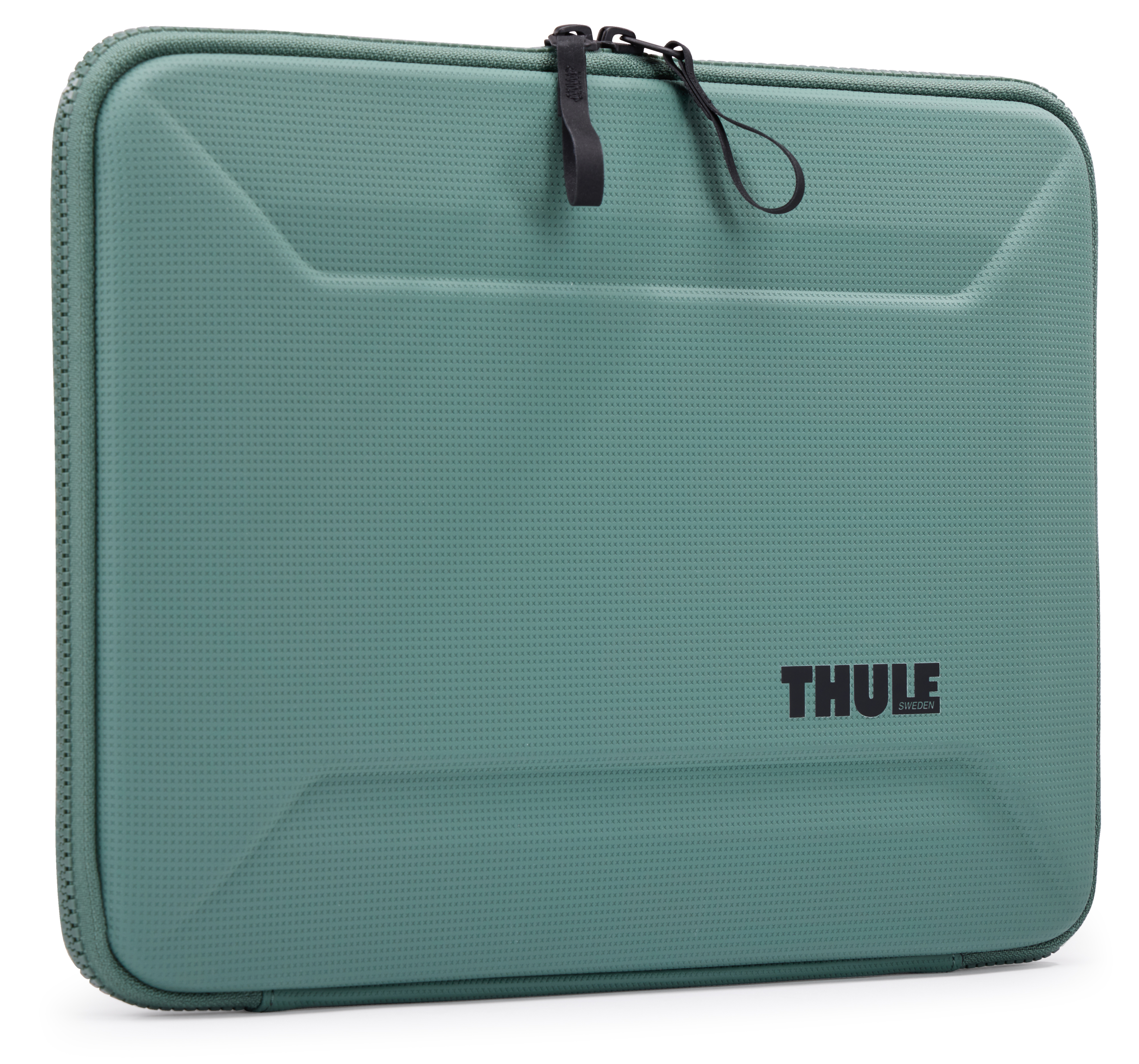 Custodia verde per laptop con logo Thule e tiretto nero.