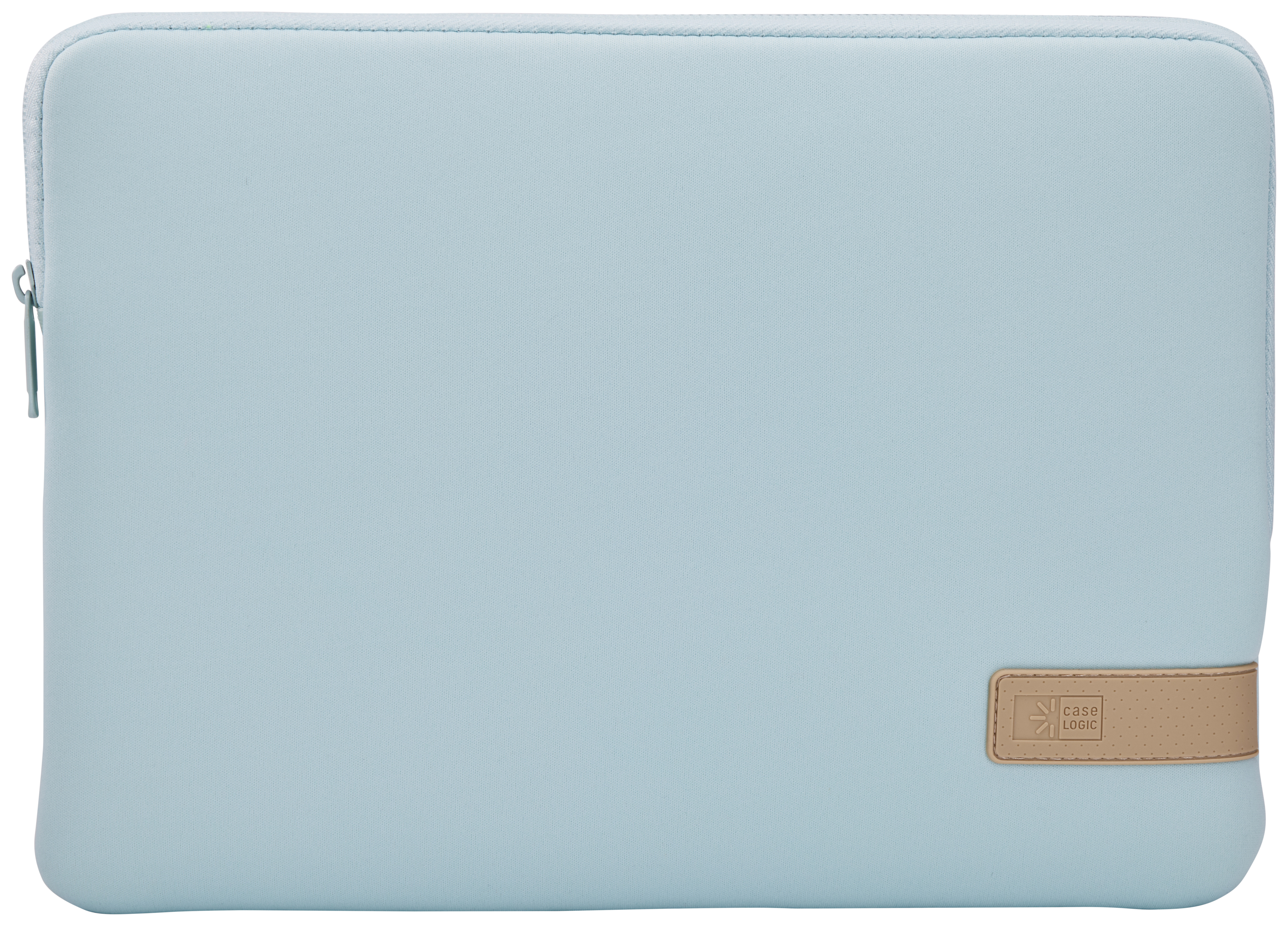 Housse bleu clair pour ordinateur portable. Logo Case Logic à droite. Fermeture éclair.