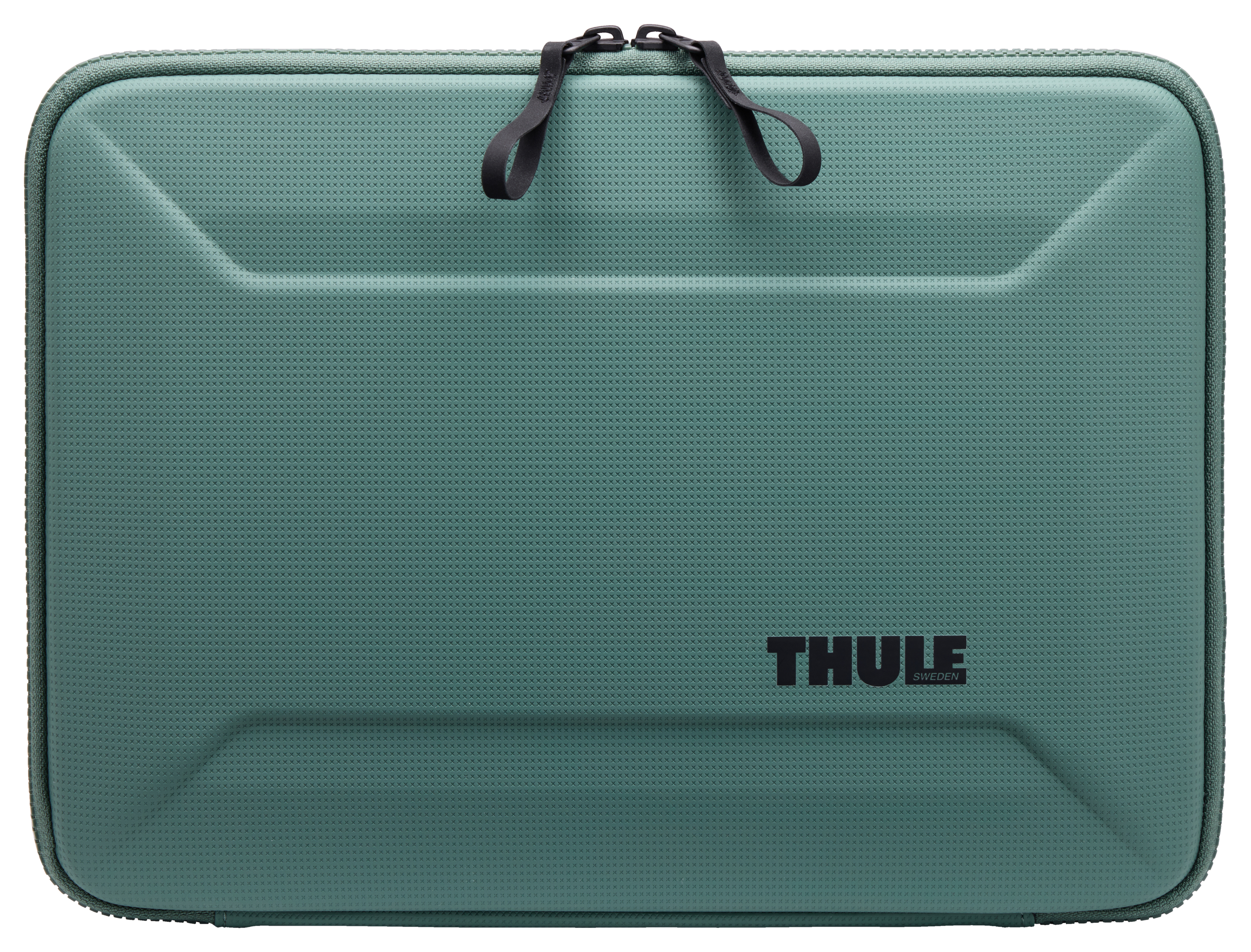 Custodia per laptop color verde acqua con cerniera, maniglie nere e logo "THULE". Superficie strutturata. Sfondo bianco.