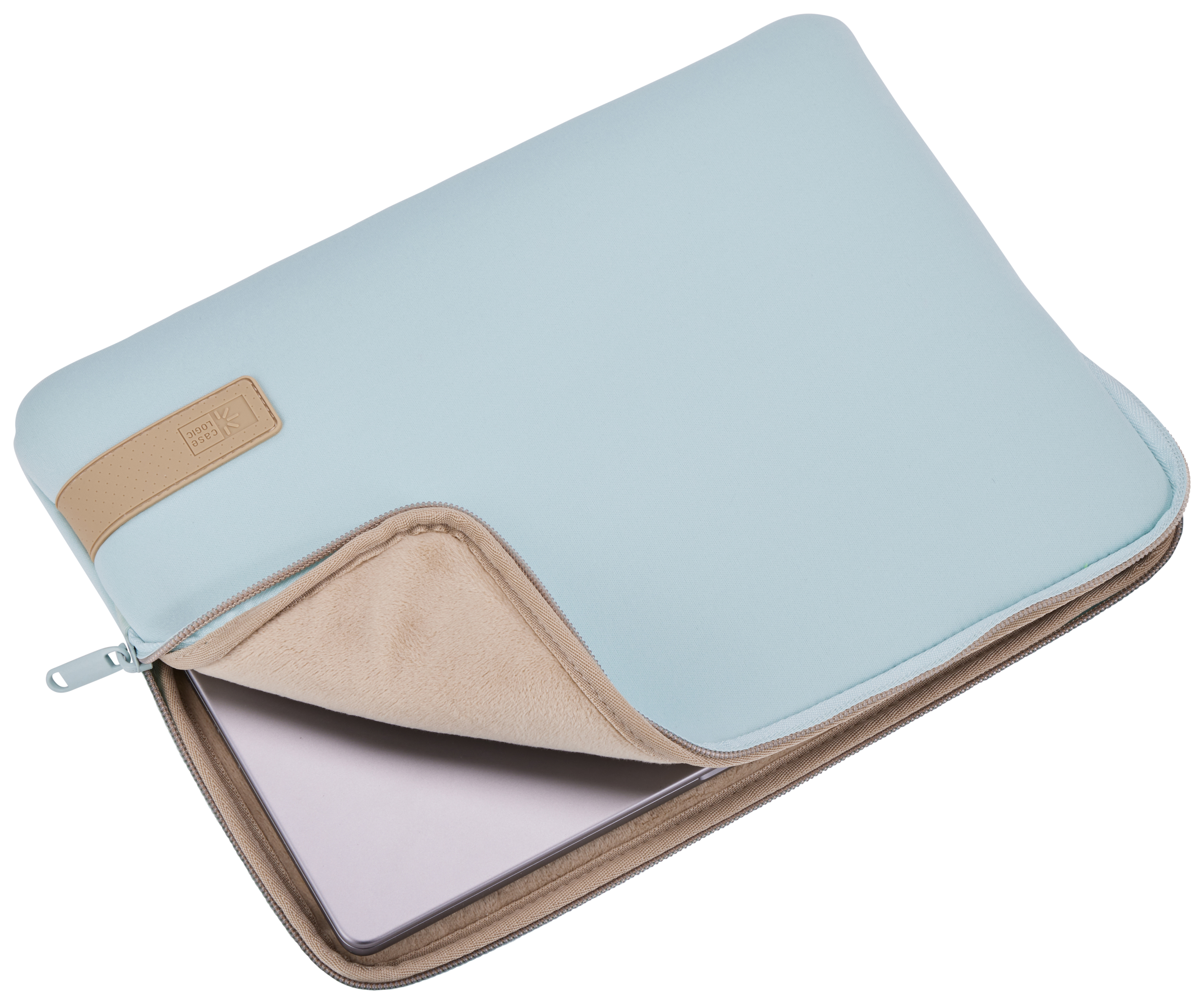 Un étui d'ordinateur portable bleu avec un intérieur beige. Un ordinateur portable à l'intérieur. Fermeture éclair.