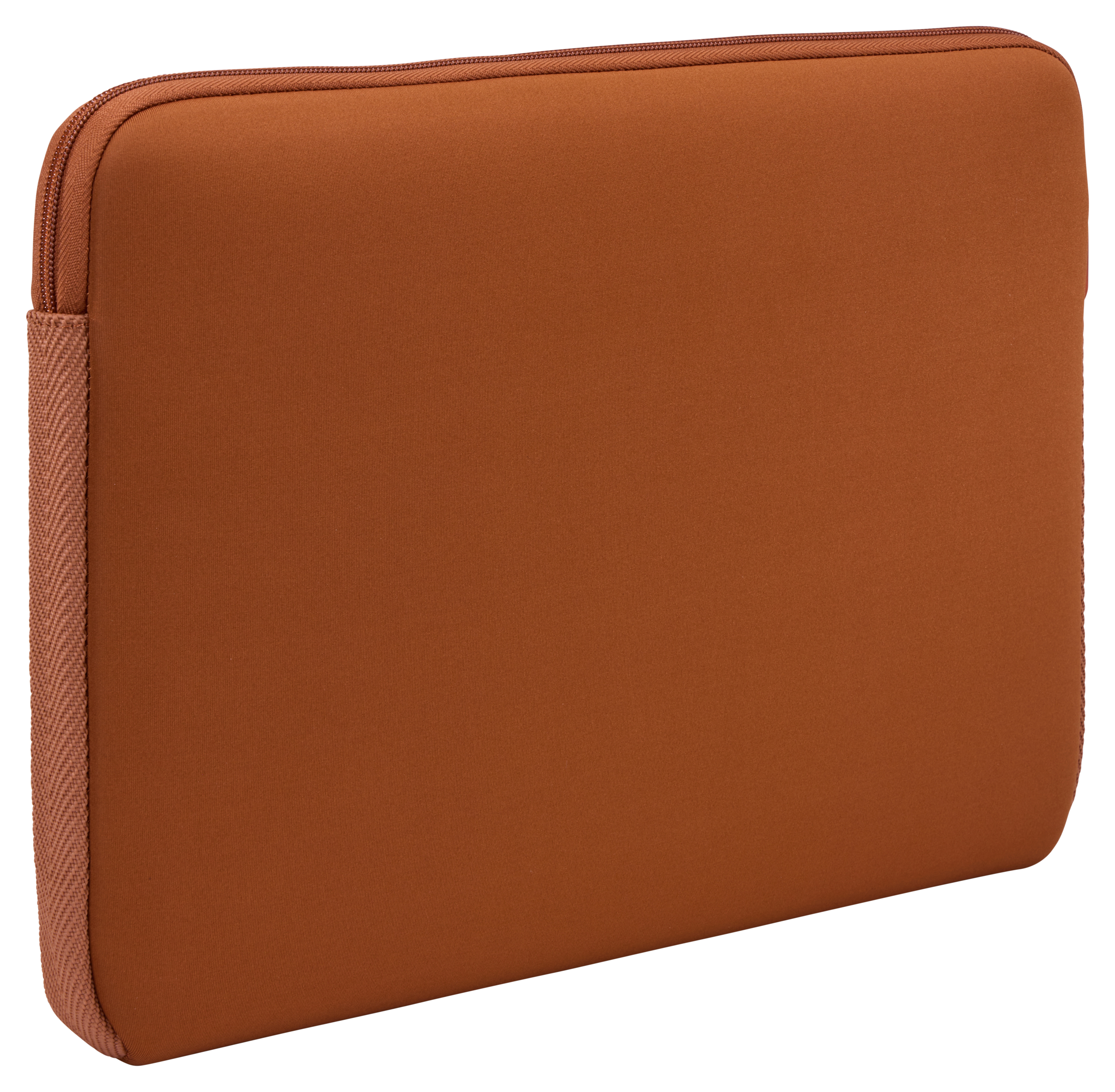 Custodia arancione per laptop con cerniera.