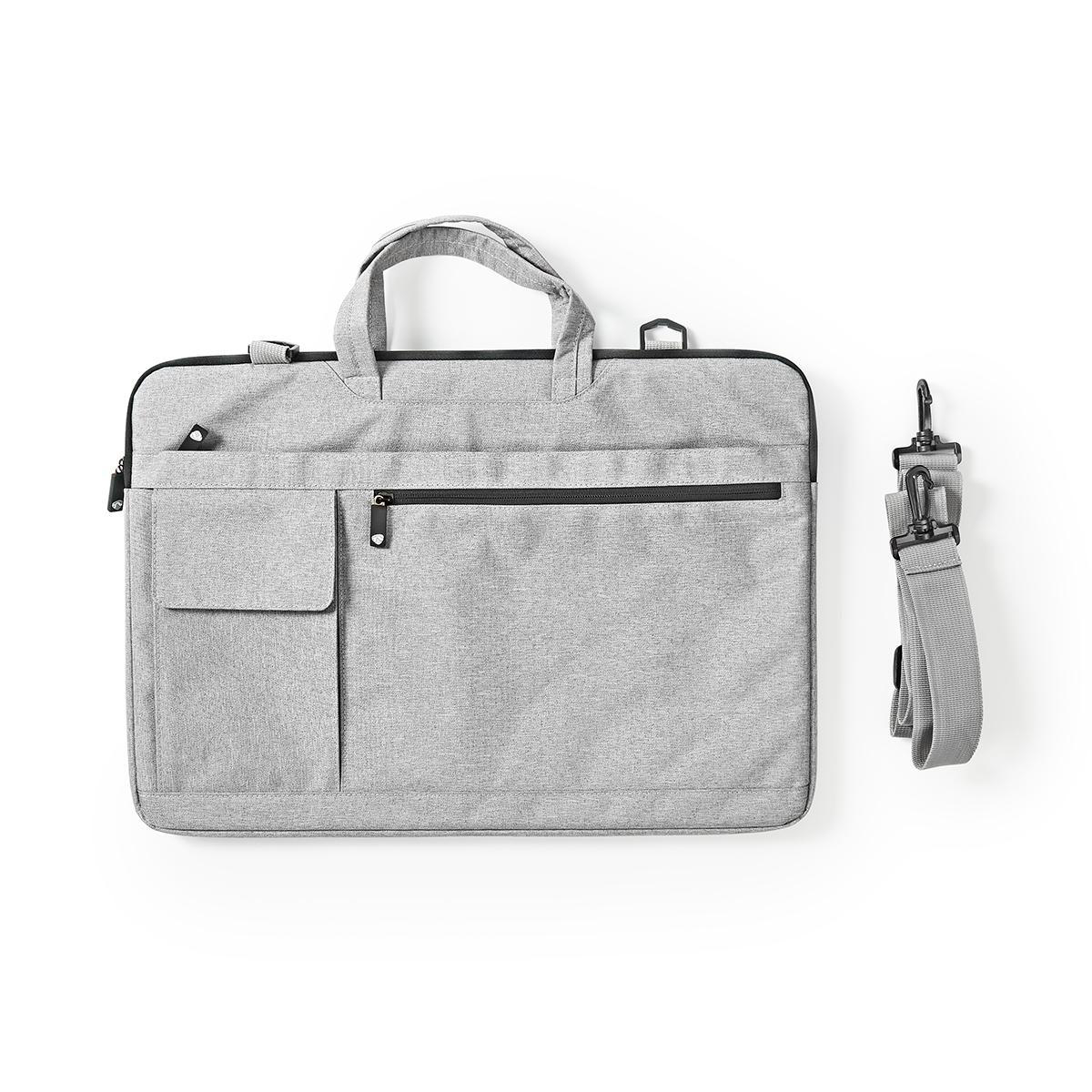 Borsa grigia per laptop con maniglia e tracolla.