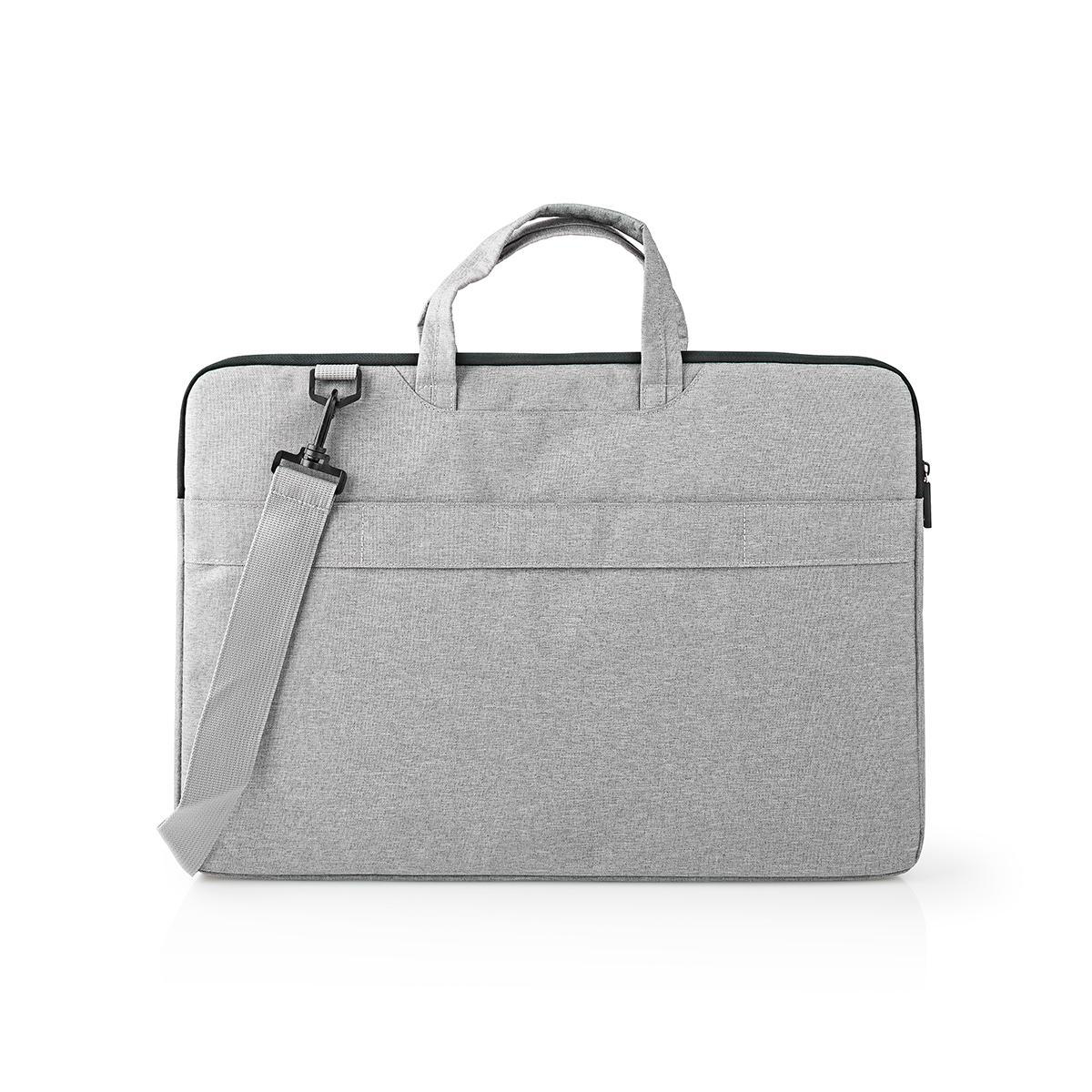 Borsa grigia per laptop con tracolla. Ha un manico e una cerniera. La borsa è rettangolare.